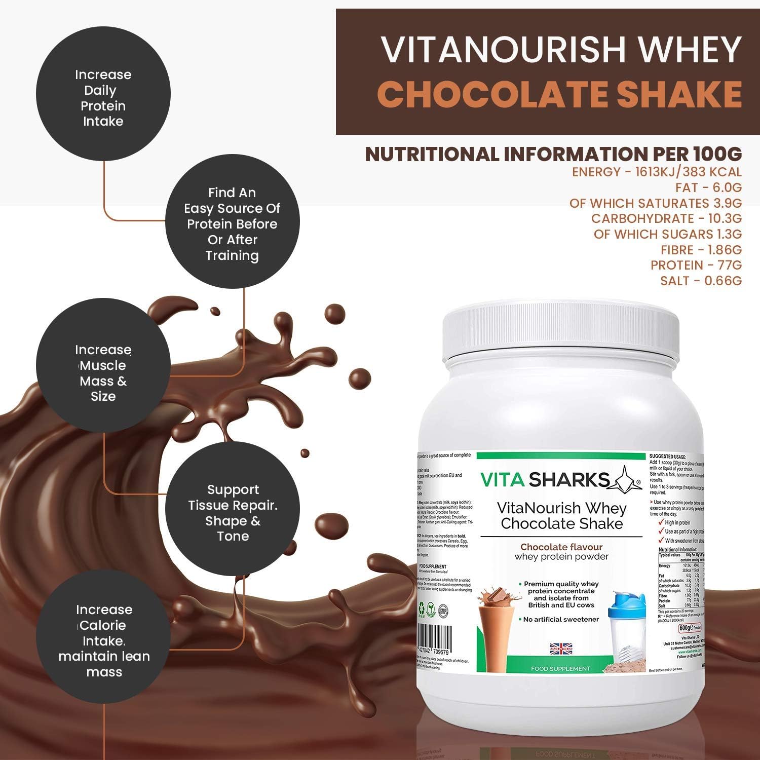 VitaNourish Whey Shake (Chocolate) - High Protein Vegetarian Powder Drink for Increased Muscle Mass, Bone Health, Appetite Control & Immune Boost. Natural NO GMO Formula