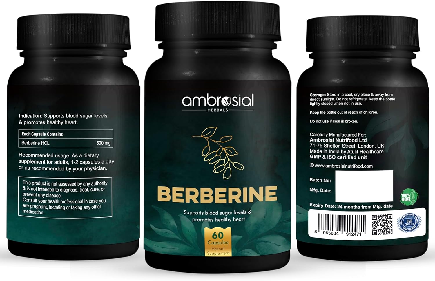 Ambrosial Berberine HCL 500mg per Capsule | High Strength Berberine Supplement for Healthy Heart Functions | Supports Healthy Blood Sugar Levels (Pack of 1-60 Capsules)