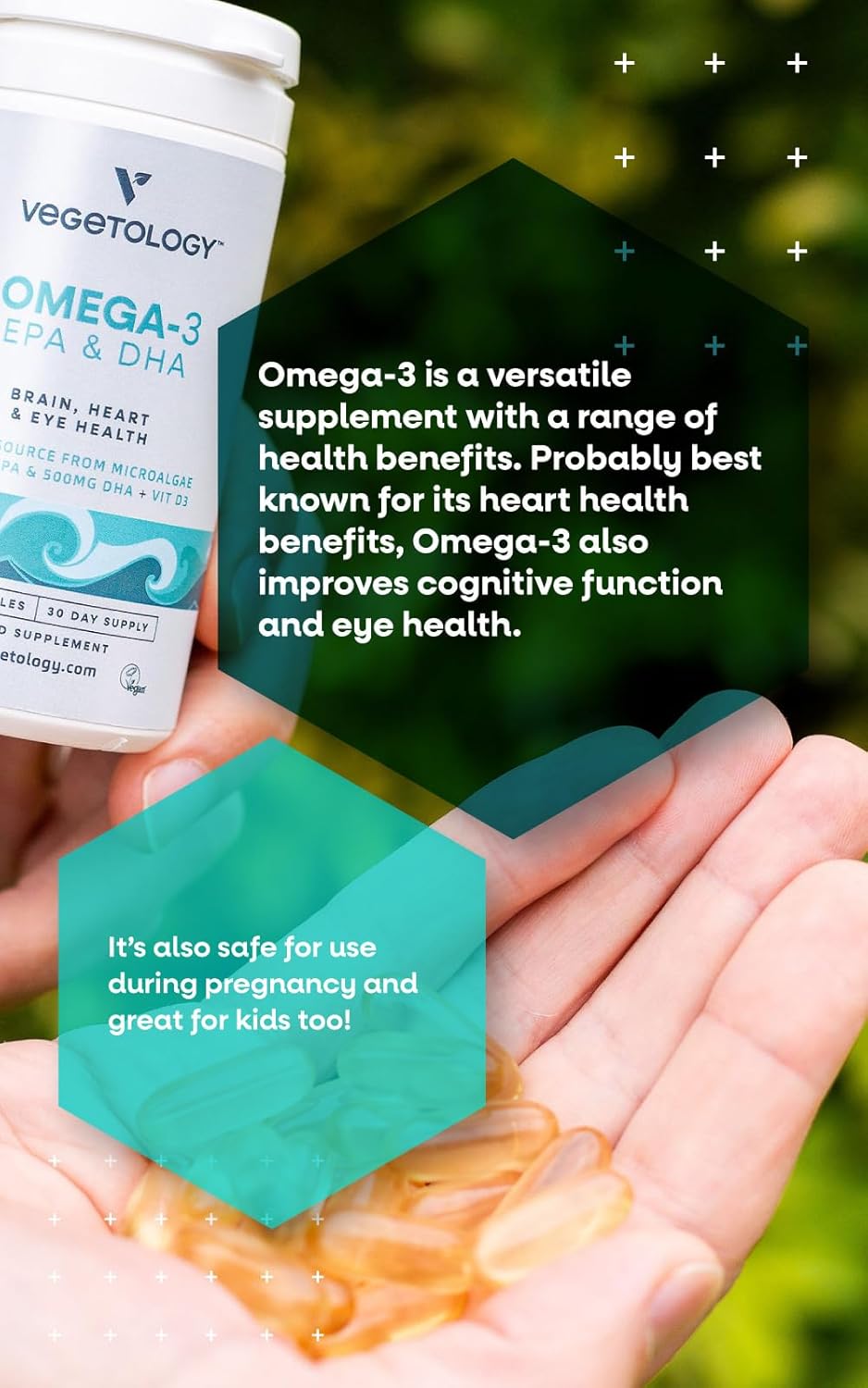 Vegetology Vegan Omega 3 Supplement (60 Capsules) – Omega-3, EPA, Vitamin D3 & DHA Supplements - Algae Omega 3 Vegan Supplements for Brain, Eye, & Heart Health – Omega 3 for Kids & Adults