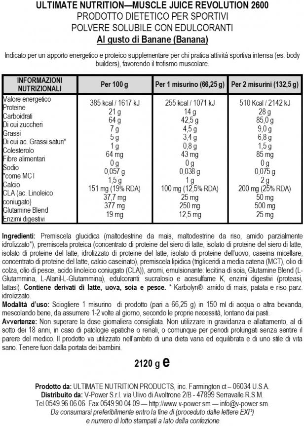 Ultimate Nutrition Muscle Juice Revolution 2600 Weight Gainer, Intestinal Health, Muscle Recovery with Glutamine, Micellar Casein and Time Release Complex Carbohydrates, Banana Protein Powder, 4.69 Pounds