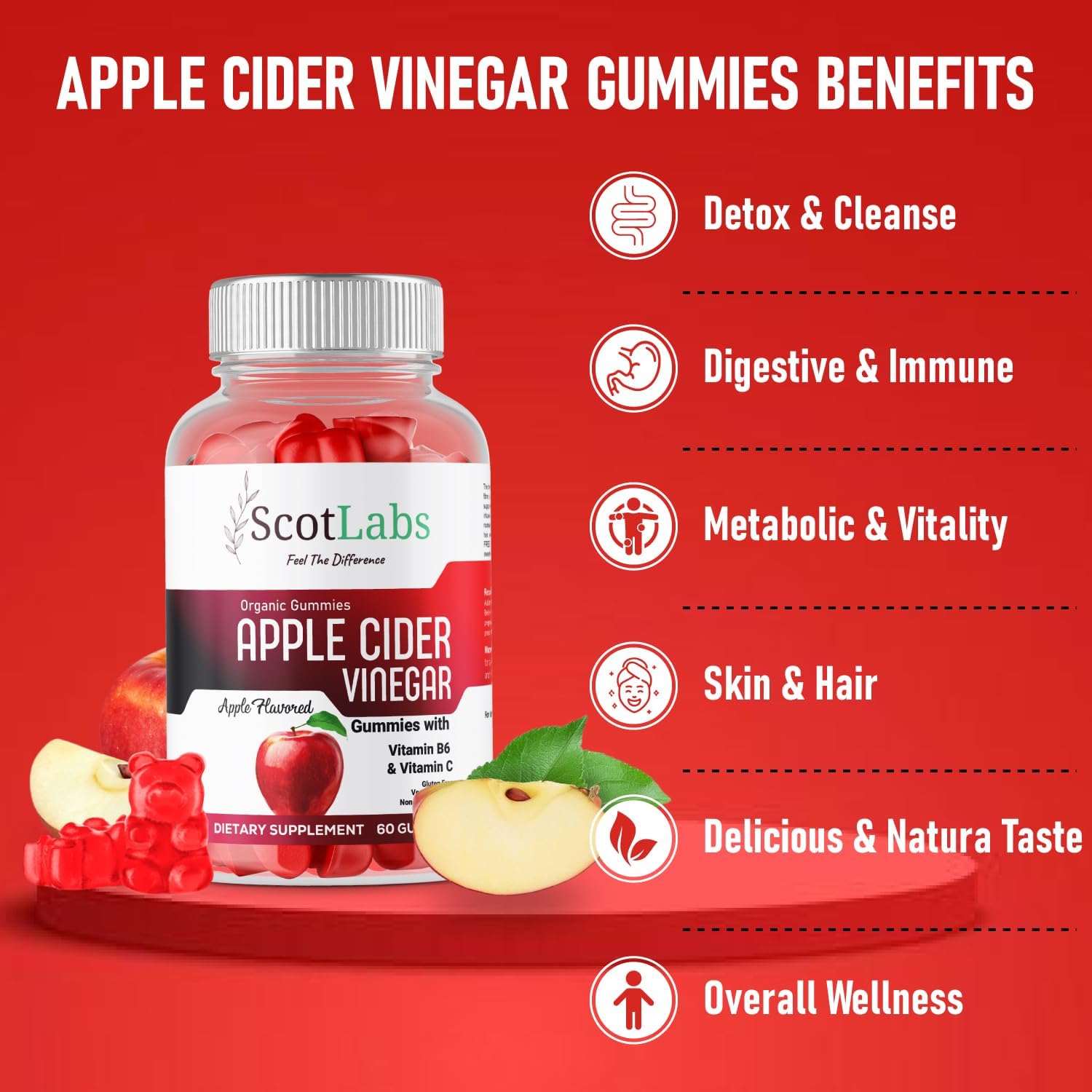 ScotLabs Apple Cider Vinegar Gummies with Vitamin C, B6 & Chromium | Natural Weight Management Detox, Cleansing, Digestion & Gut Health | NO Added Sugar, Vegan Gummy Candy for Wellness