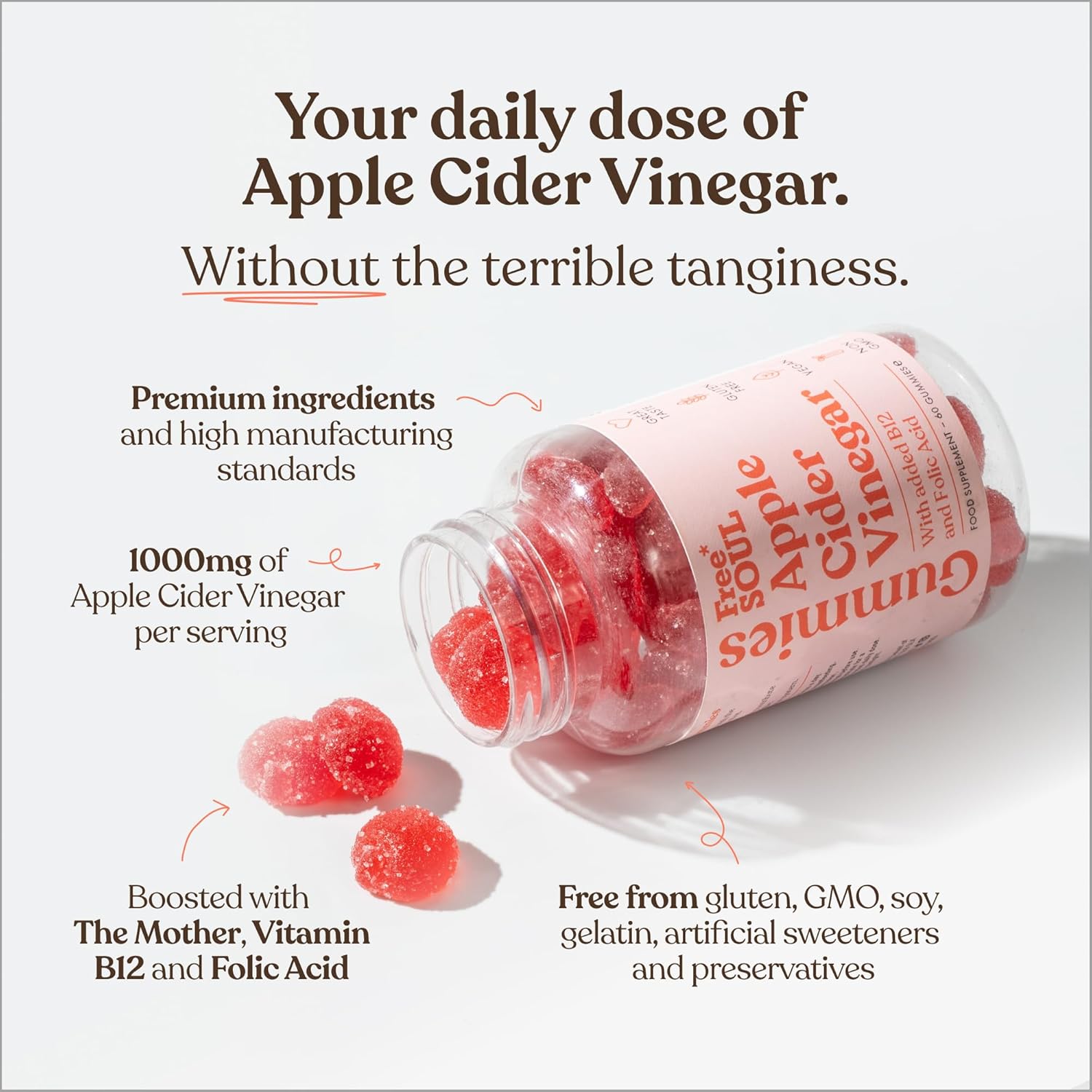 Apple Cider Vinegar Gummies with The Mother 1000mg Enhanced with Vitamin B12 & Folic Acid – 60 High Strength ACV Vegan Capsules with Pomegranate & Beetroot Powder – Natural Ingredients – Free Soul