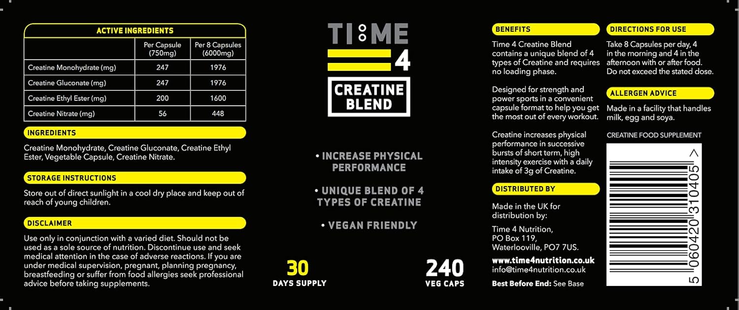 Time 4 Creatine Blend - 240 Creatine Capsules Not Creatine Tablets, 30 Day Supply, Unique Blend of 4 Types of Creatine, 6000mg Per Daily Serving Improve Muscle Strength Vegan Friendly & Gluten Free