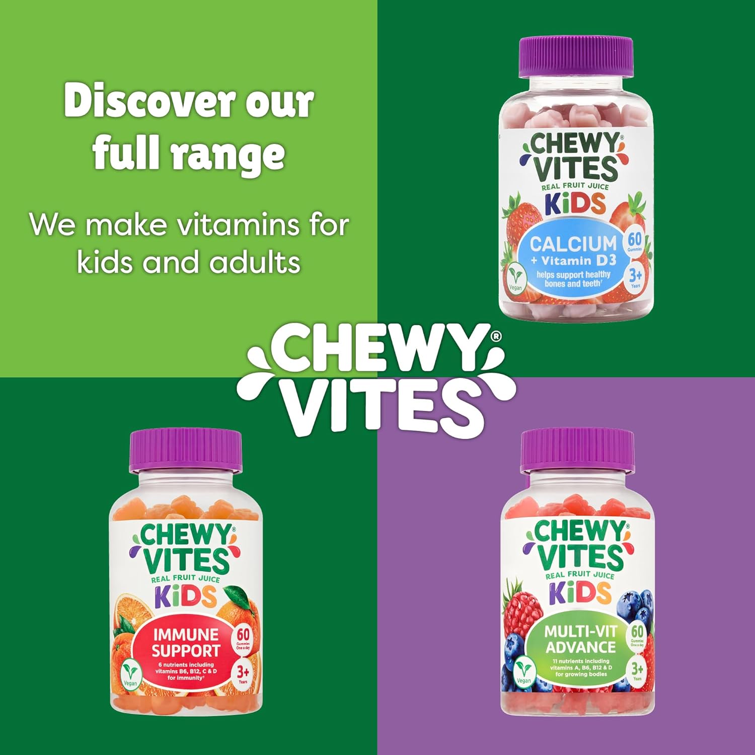 Chewy Vites Kids | Immune Support 60 Gummy Vitamins | High Strength Vitamin D | Vitamin C B6 B12 Zinc Selenium | 1-a-Day | 2 Months Supply | Real Fruit Juice | Vegan | 3 Year+