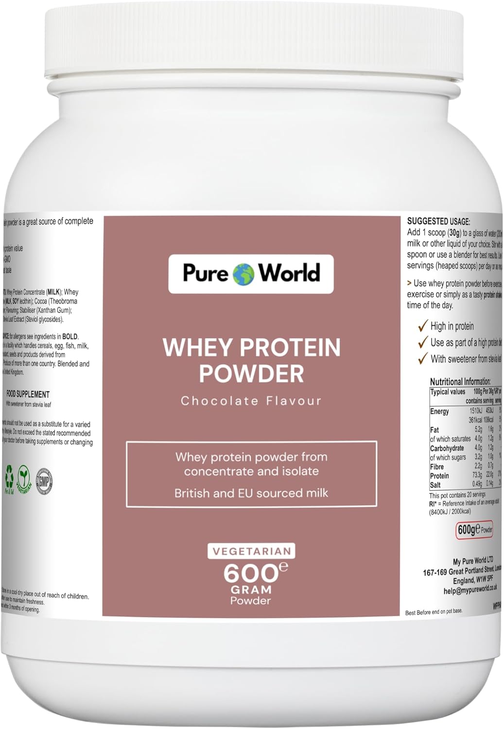 Whey Protein Powder Chocolate Flavor – My Pure World – Premium 600 Grams Whey Protein Isolate & Concentrate Blend for Men & Women, Muscle Growth, Lean Mass, Recovery Support – Ideal for Bodybuilders