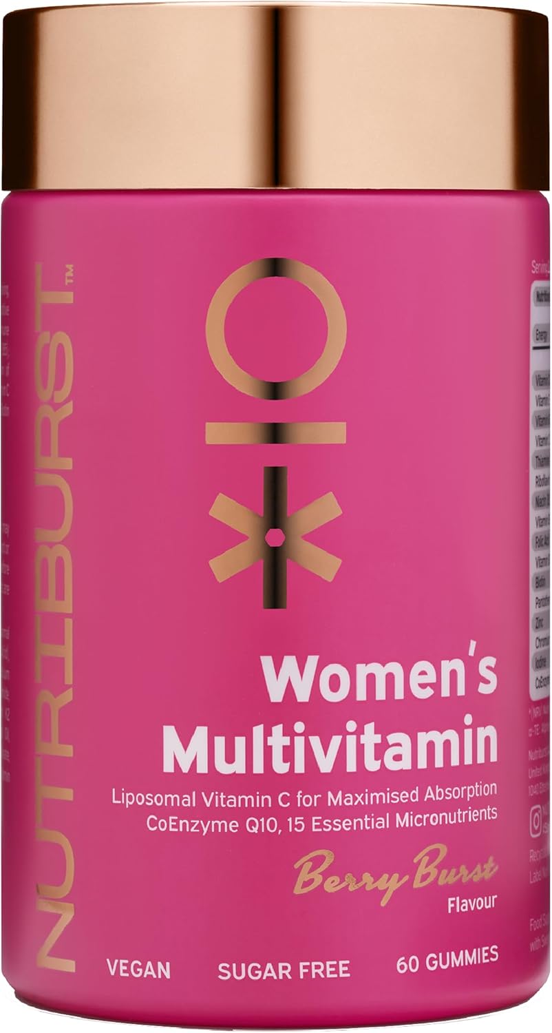 Nutriburst Women’s Multivitamin - Hormone Regulation & Support Collagen Formation - Contains 15 Micronutrients; B5, B6, B12, C, D - Vegan, Sugar Free Supplement - 60 Berry Gummies - 1 Month Supply