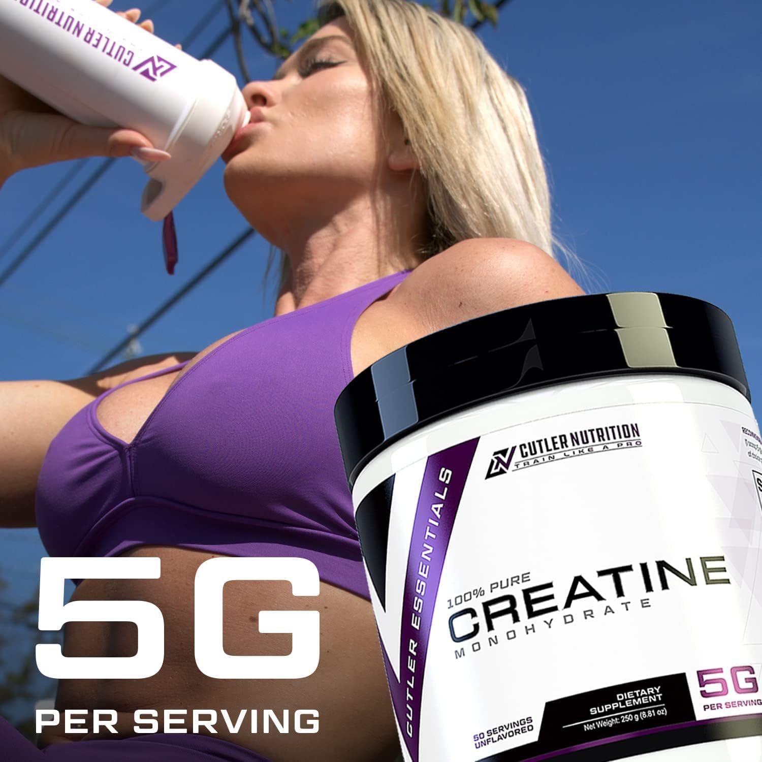 Cutler Nutrition Pure Creatine Monohydrate - 5g Per Serving 50 Servings - Premium Muscle Builder Enhances Strength Performance & Recovery - Unflavored for Easy Mixing