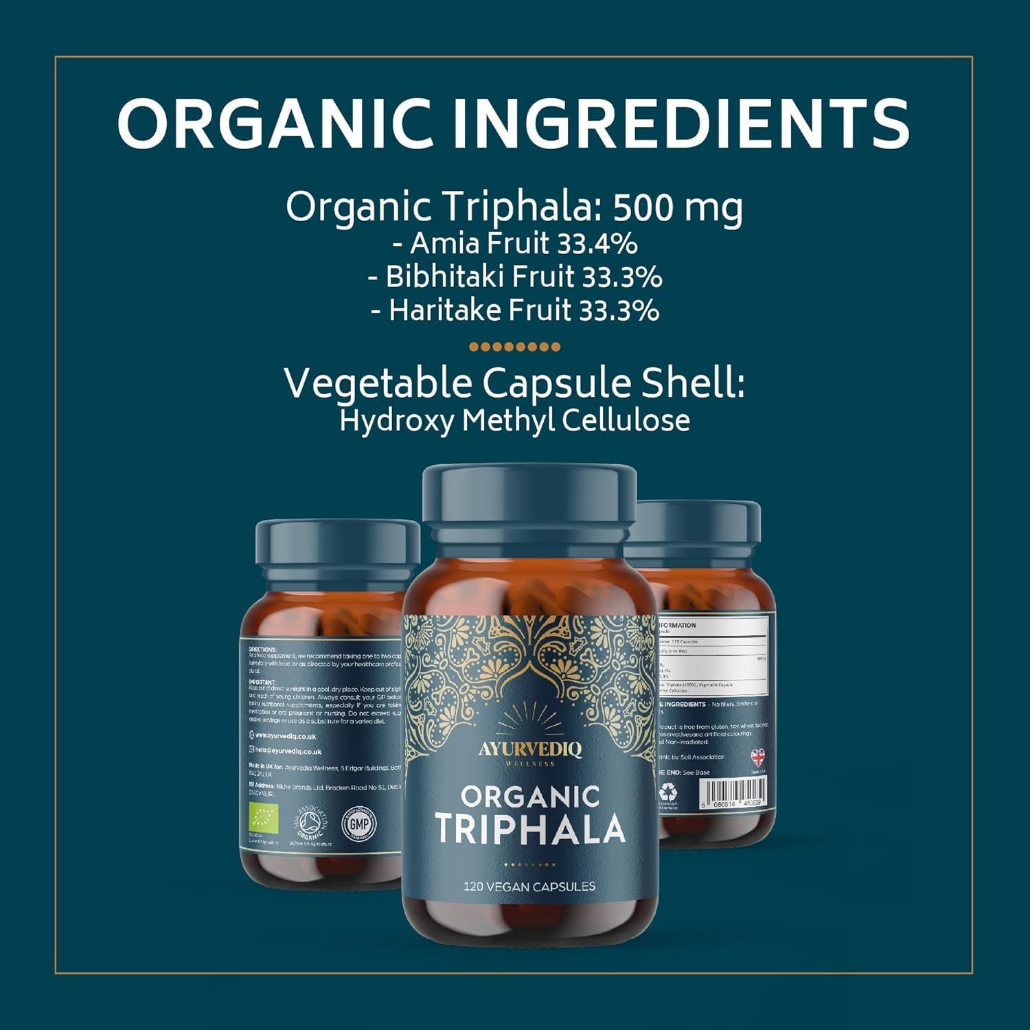 Ayurvediq Wellness Organic Triphala Capsules 120, 500mg – Natural Pure Triphala Powder Organic Capsules for Immunity, Digestion, Wellbeing – Soil Association Certified - Vegan Ayurveda Supplements