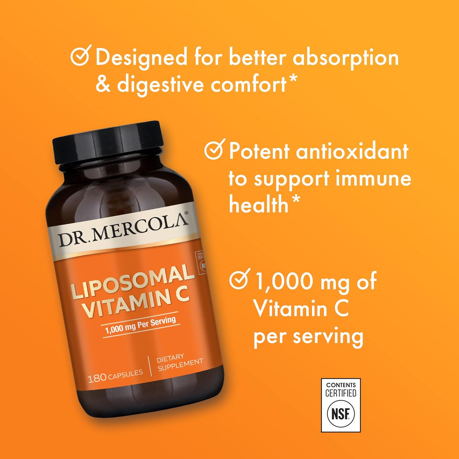 Mercola Liposomal Vitamin C Dietary Supplement, 1,000mg per Serving, 90 Servings (180 Capsules), Immune Support, Non GMO, Soy Free, Gluten Free