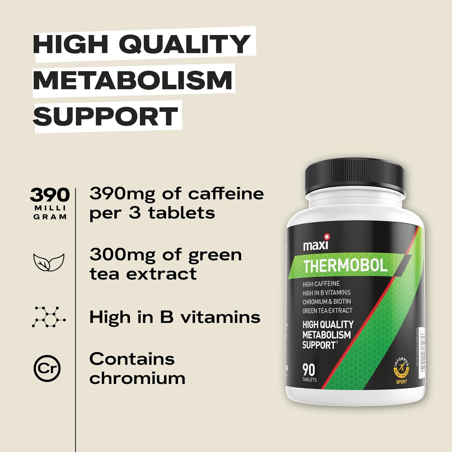 MaxiNutrition - Thermobol, Metabolism Supplement for Lean Muscle Support - Contains Chromium and Biotin, High in B Vitamins - 100mg Green Tea Extract, 130mg Caffeine per Serving, 90 Tablets