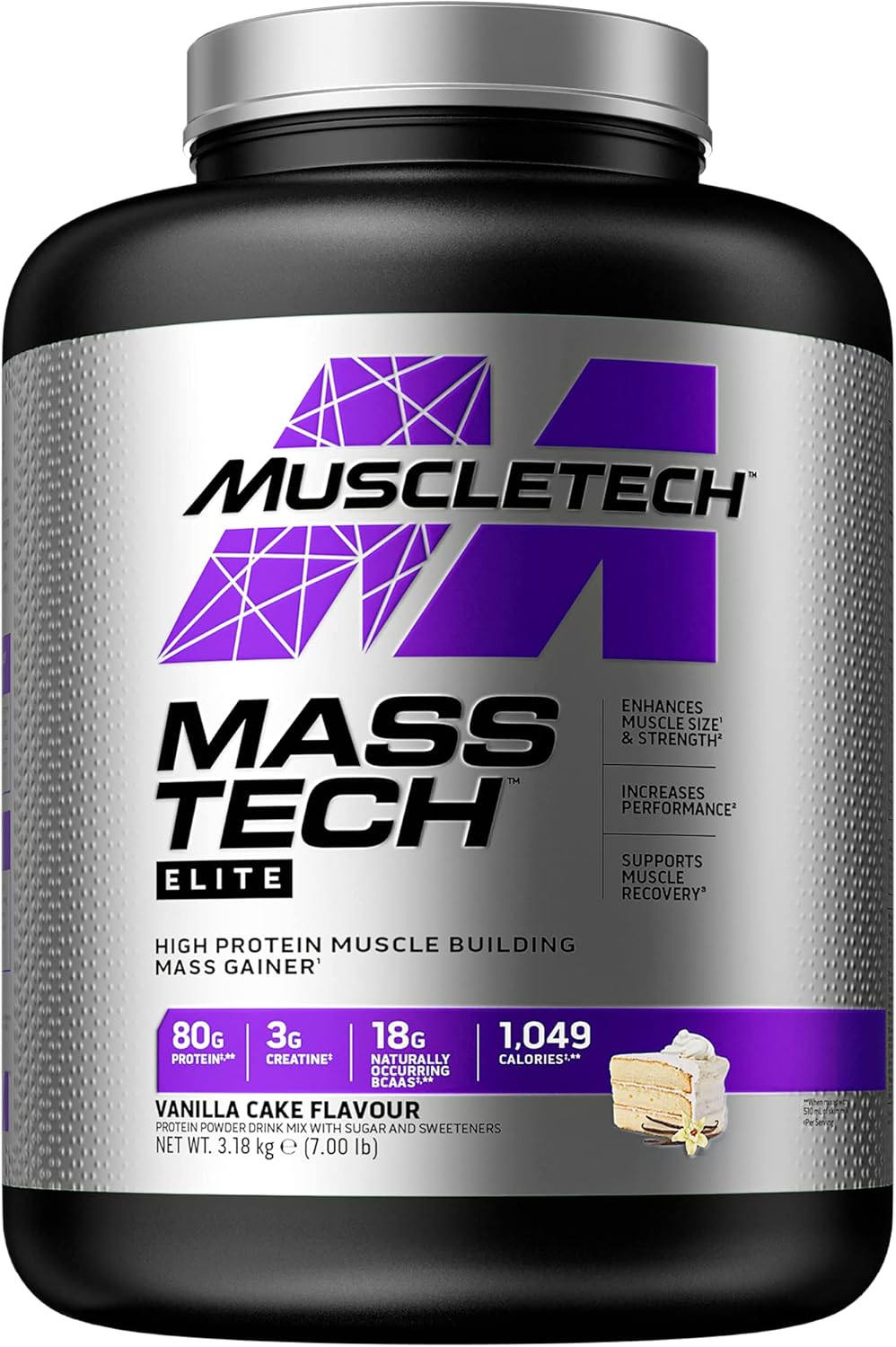 MuscleTech MassTech Elite Protein Powder, Weight & Muscle Mass Gainer, Whey Isolate Mass Protein Powder With 3g Creatine, 80g Protein, 18g BCAA, 14 Servings, 3.2kg, Vanilla Cake