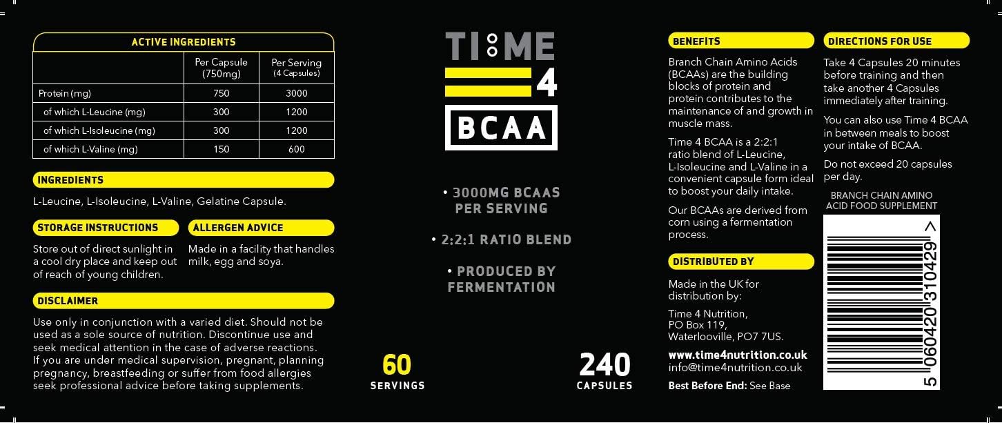 Time 4 BCAA - 240 Capsules High Strength Branched Chain Amino Acids Made by Fermentation Process - Muscle Growth, Tissue Repairing & Energy Production Vegan BCAA Capsules Not BCAA Amino Acids Tablets