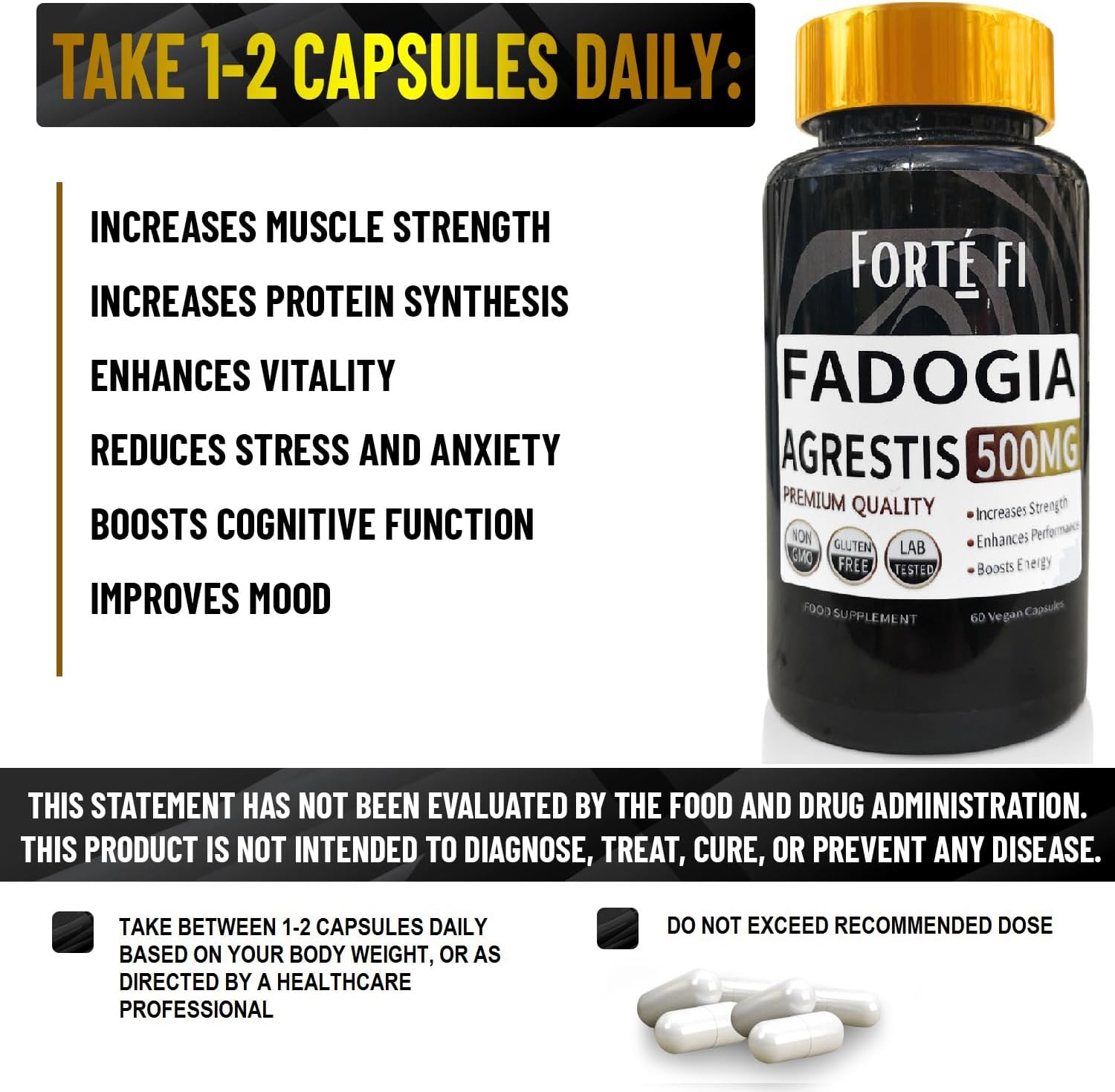 Fadogia Agrestis - Testosterone Boosters Supplements for Men - Use with Turkesterone - Supplement for Muscle Growth - 60 x 500mg