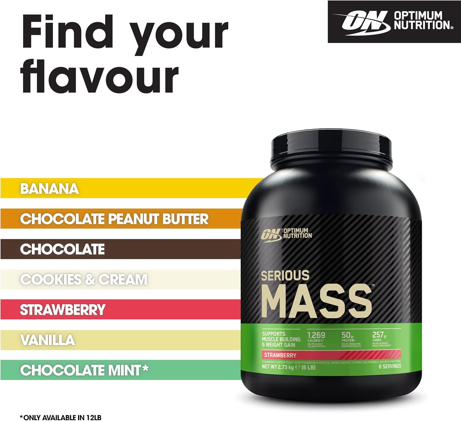 Optimum Nutrition Serious Mass Protein Powder High Calorie Mass Gainer with Vitamins, Creatine and Glutamine, Strawberry, 8 Servings, 2.73 kg, Packaging May Vary