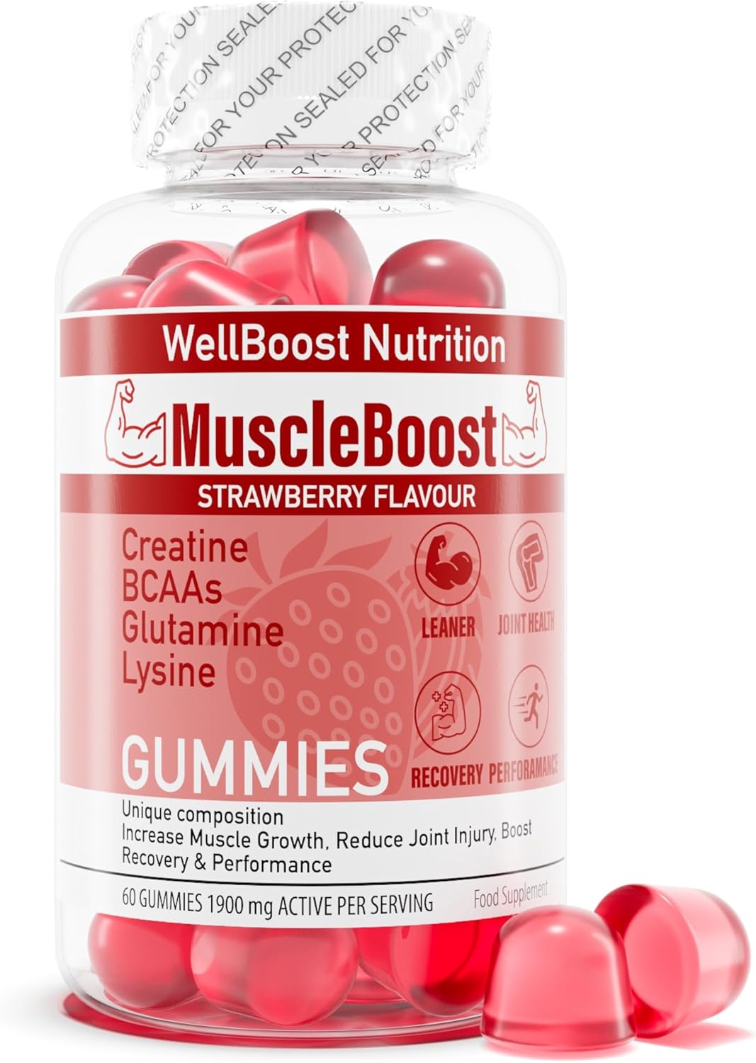 MuscleBoost Creatine BCAA Glutamine Lysine Chewable Gummies for Men & Women - 60 Gummies - 1900mg Active per Serving - Natural Strawberry Flavour, Suitable for Vegans