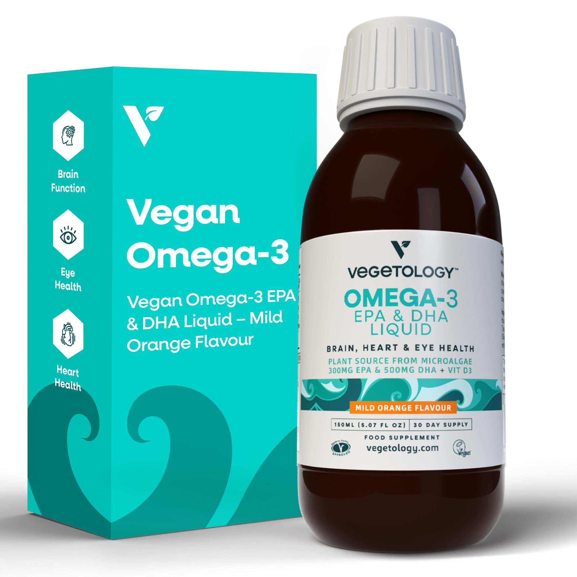 Vegetology Vegan Omega 3 Supplement (60 Capsules) – Omega-3, EPA, Vitamin D3 & DHA Supplements - Algae Omega 3 Vegan Supplements for Brain, Eye, & Heart Health – Omega 3 for Kids & Adults