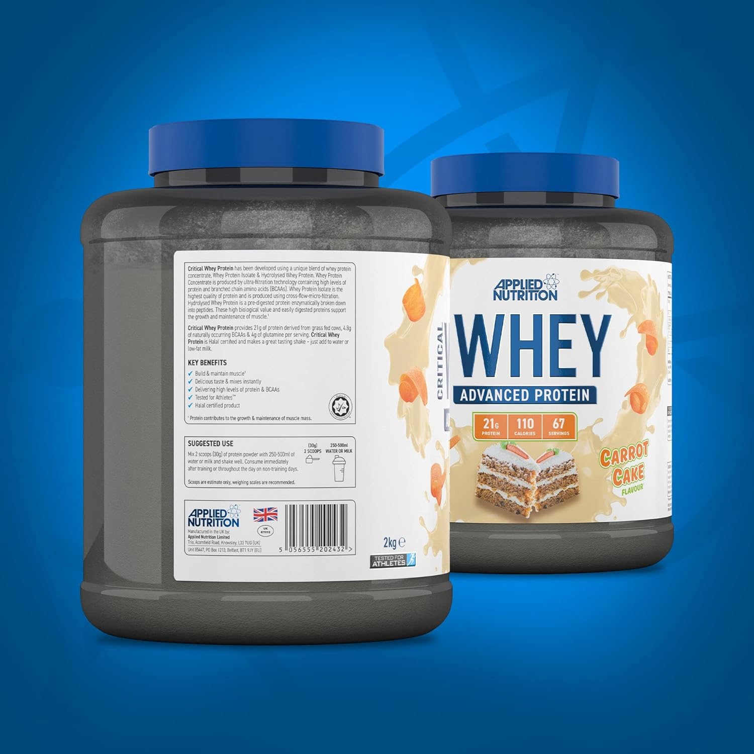 Applied Nutrition Critical Whey Protein Powder 2kg - High Protein Powder, Protein Milkshake, Muscle Building Supplement with BCAAs & Glutamine (2kg - 67 Servings) (Carrot Cake)