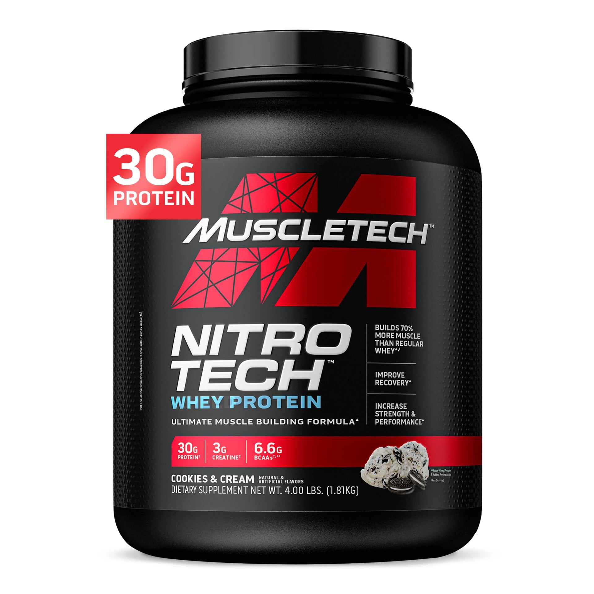 MuscleTech NitroTech Whey Protein Powder, Muscle Maintenance & Growth, Whey Isolate Protein Powder With 3g Creatine, Protein Shake For Men & Women, 6.8g BCAA, 20 Servings, 908g, Vanilla