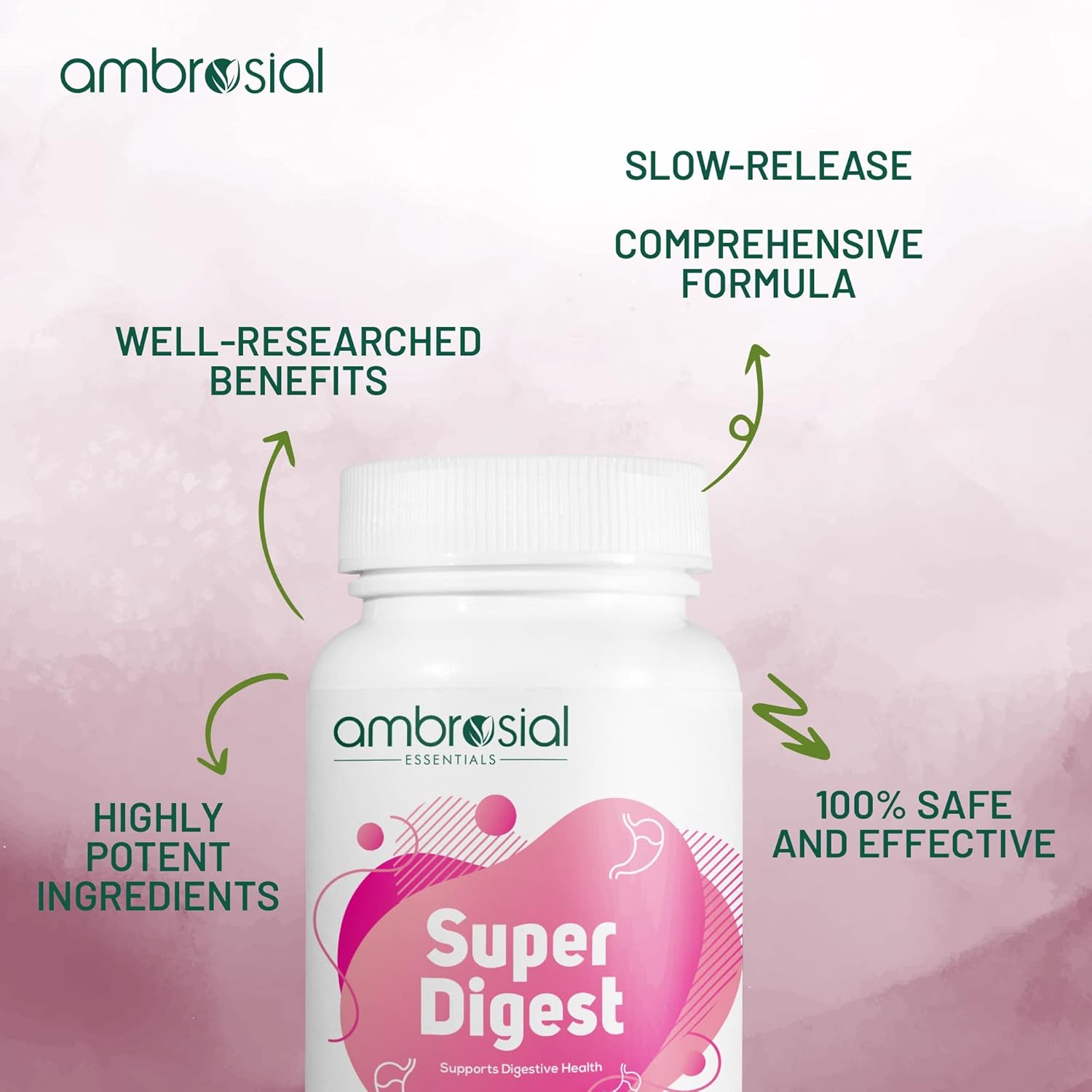 Ambrosial Super Digest with Betaine hcl Pepsin, Ox Bile, L-Glutamic Acid | Digestive Enzyme Supplements for Bloating Relief, Colon Cleanse| Digestives Gut Health Supplements (Pack of 1-60 Capsules)