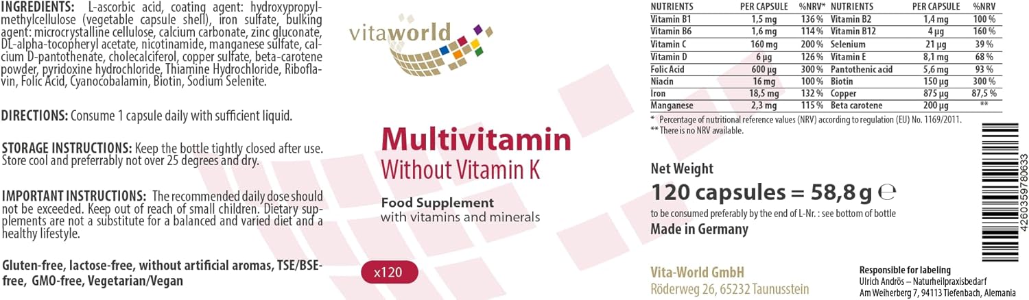 Vita World Multivitamin A-Z Without Vitamin K 120 Capsules Made in Germany