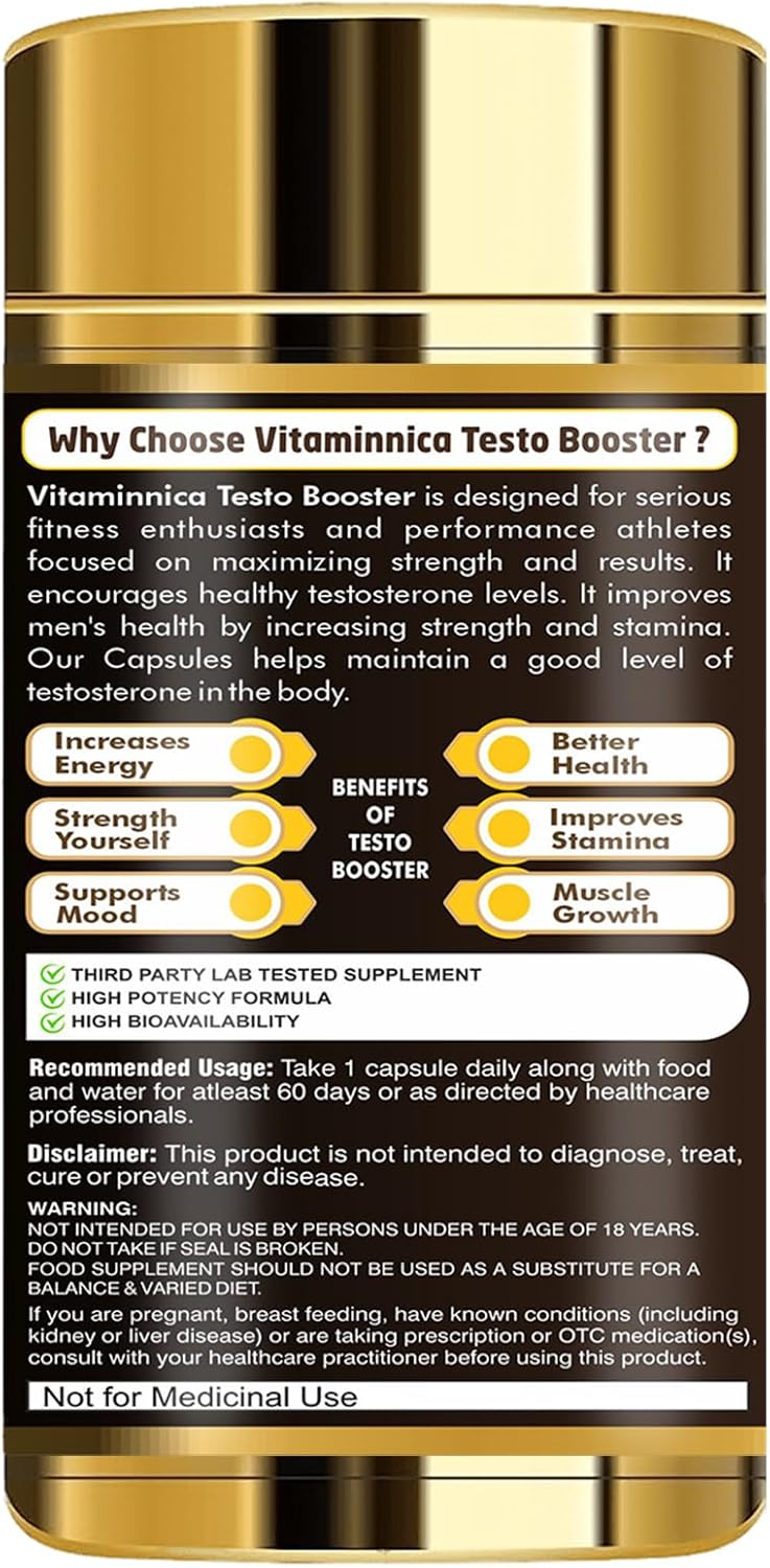 Vitaminnica Testo - Maca Root, Tribulus Terrestris, Ginseng, Fenugreek - Testosterone Supplements for Men - 60 Capsules