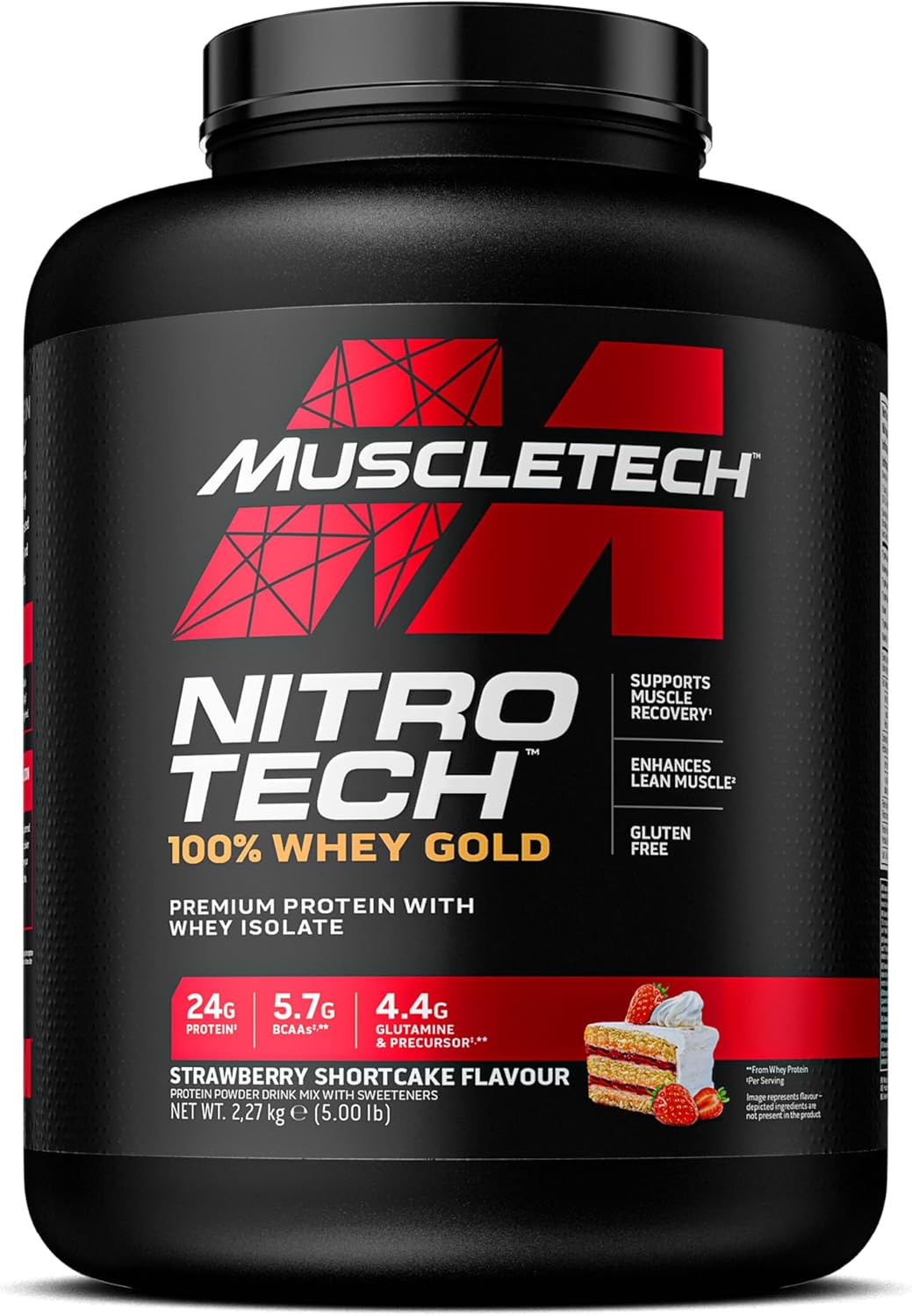 MuscleTech NitroTech 100% Whey Gold Protein Powder, Build Muscle Mass, Whey Isolate Protein Powder & Peptides, Protein Shake For Men & Women, 5.7g BCAA, 71 Servings, 2.27kg, Strawberry Shortcake