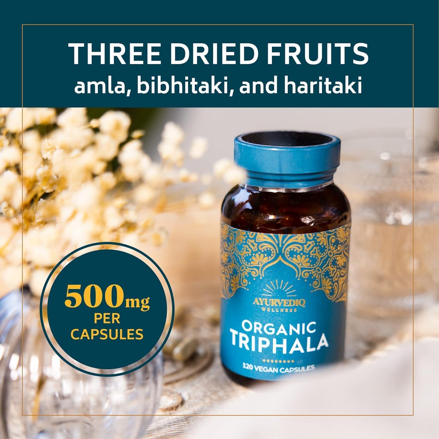 Ayurvediq Wellness Organic Triphala Capsules 120, 500mg – Natural Pure Triphala Powder Organic Capsules for Immunity, Digestion, Wellbeing – Soil Association Certified - Vegan Ayurveda Supplements