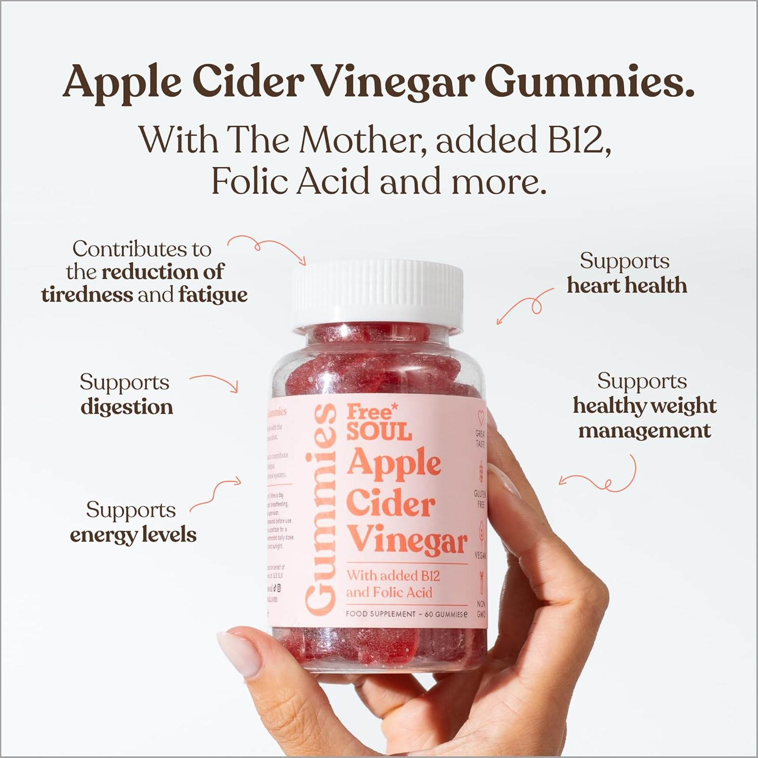 Apple Cider Vinegar Gummies with The Mother 1000mg Enhanced with Vitamin B12 & Folic Acid – 60 High Strength ACV Vegan Capsules with Pomegranate & Beetroot Powder – Natural Ingredients – Free Soul