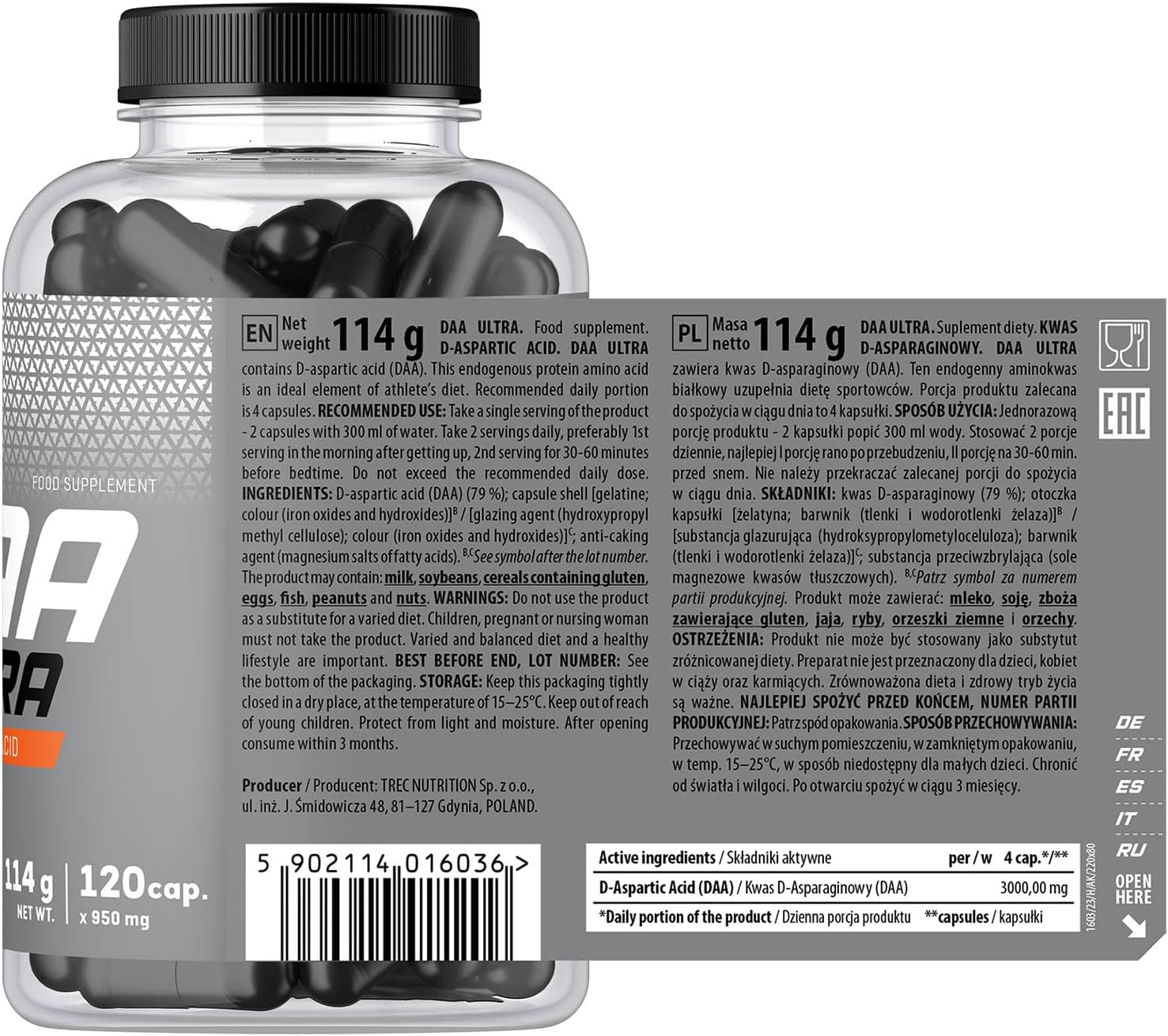 TREC Nutrition DAA Ultra - 120 Capsules - Booster Testosterone Modulator - Fast Increase of Strength and Muscle Fibre Mass