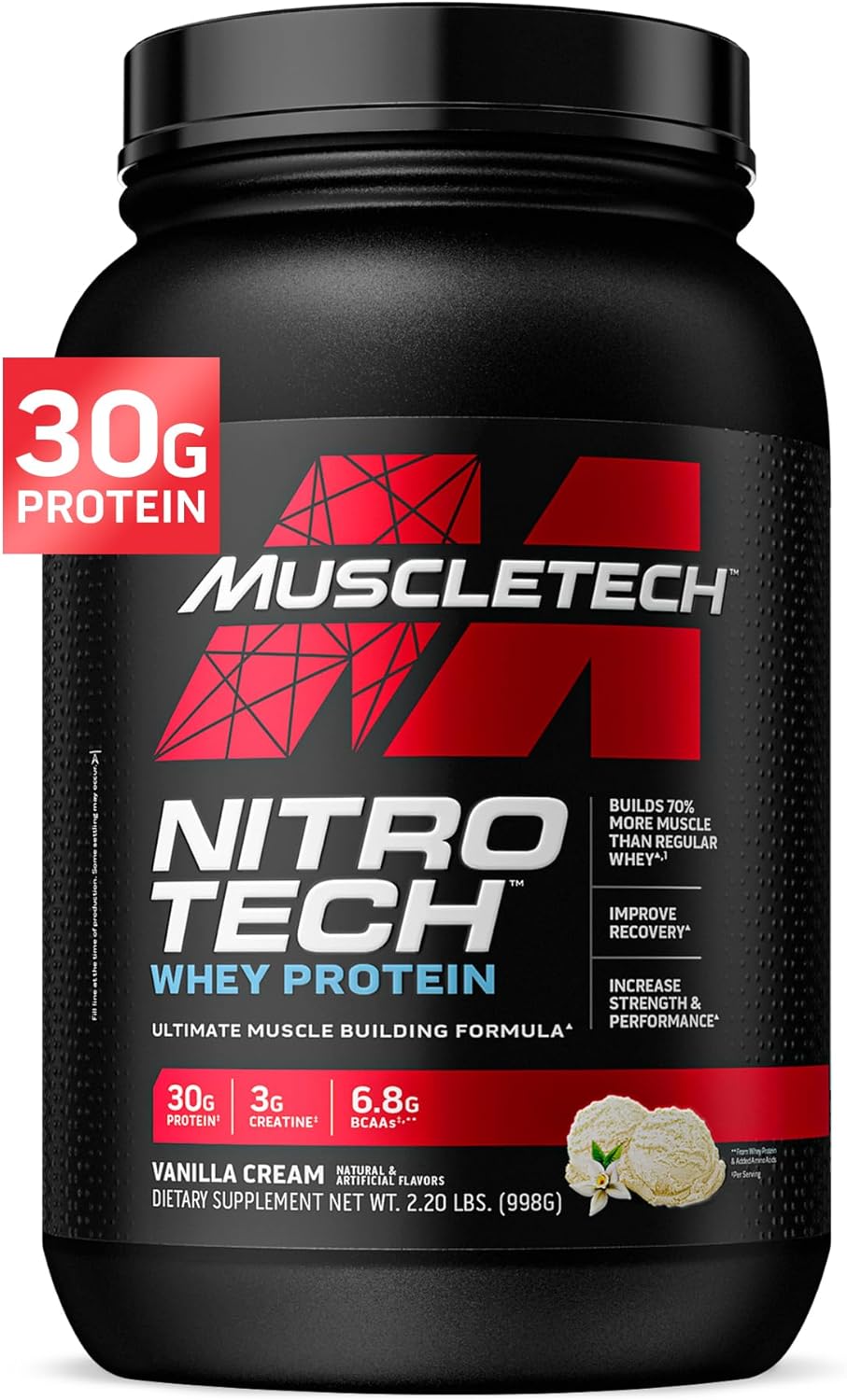 MuscleTech NitroTech Whey Protein Powder, Muscle Maintenance & Growth, Whey Isolate Protein Powder With 3g Creatine, Protein Shake For Men & Women, 6.8g BCAA, 20 Servings, 908g, Vanilla