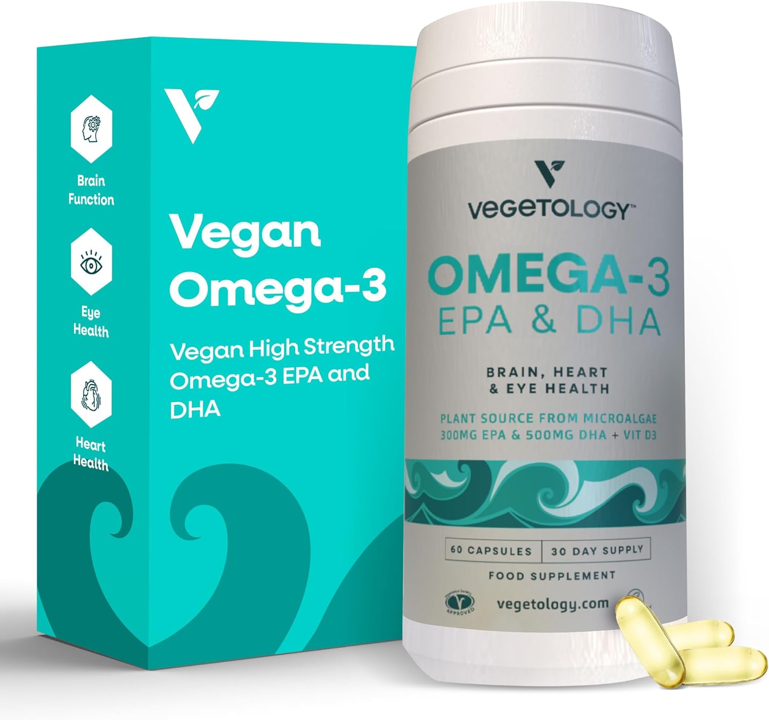 Vegetology Vegan Omega 3 Supplement (60 Capsules) – Omega-3, EPA, Vitamin D3 & DHA Supplements - Algae Omega 3 Vegan Supplements for Brain, Eye, & Heart Health – Omega 3 for Kids & Adults