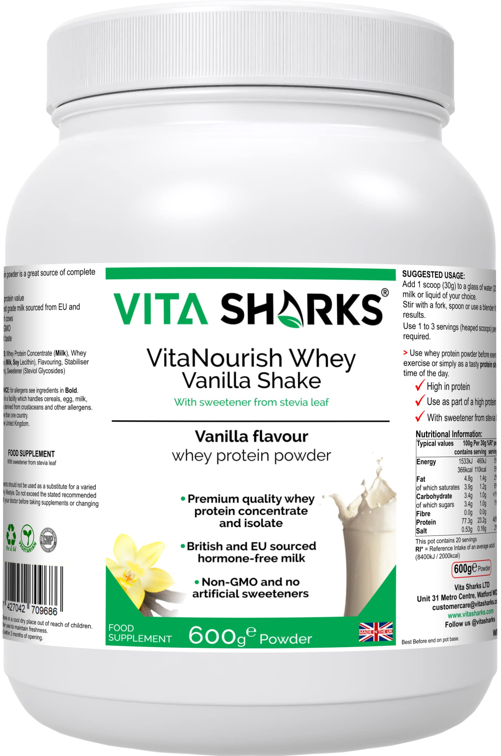 VitaNourish Whey Shake (Chocolate) - High Protein Vegetarian Powder Drink for Increased Muscle Mass, Bone Health, Appetite Control & Immune Boost. Natural NO GMO Formula