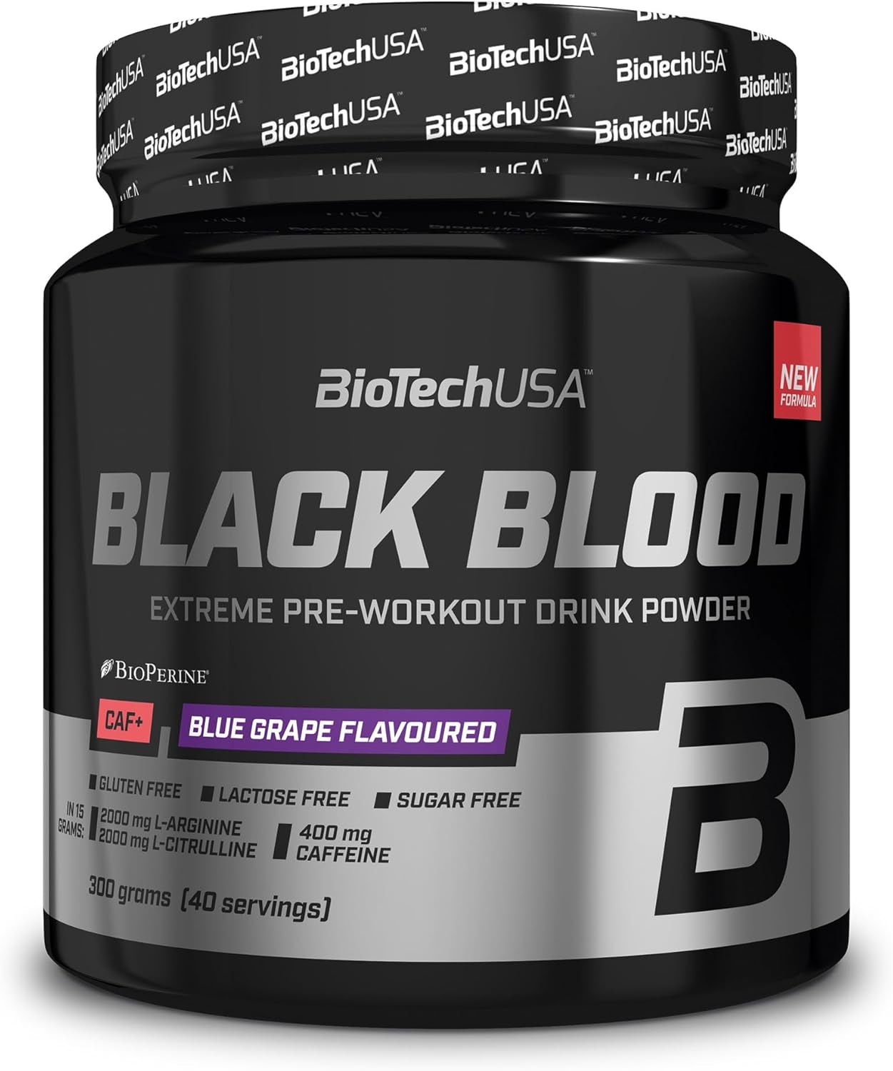 BioTechUSA Black Blood CAF+ | Preworkout Drink Powder | 12 Active Ingredients | 200mg Caffeine per Serving | Sugar, Lactose, and Gluten-Free, 300 g, Blue Grape