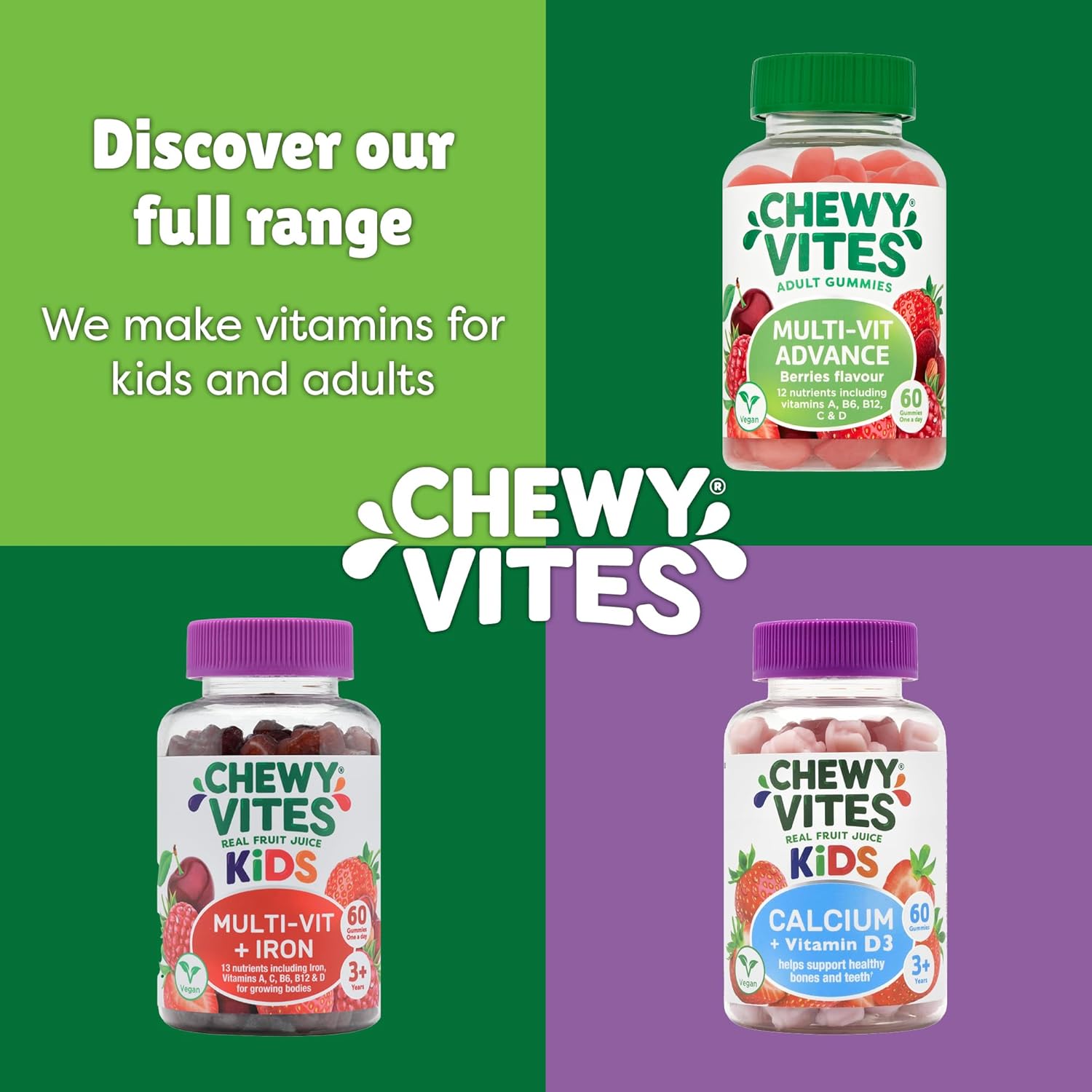 Chewy Vites Kids | Multi-Vit & Probio 60 Gummy Vitamins | 11 Essential Nutrients| 1 Billion Cultures |2 Months Supply | Real Fruit Juice | Vegan | 3 Year+