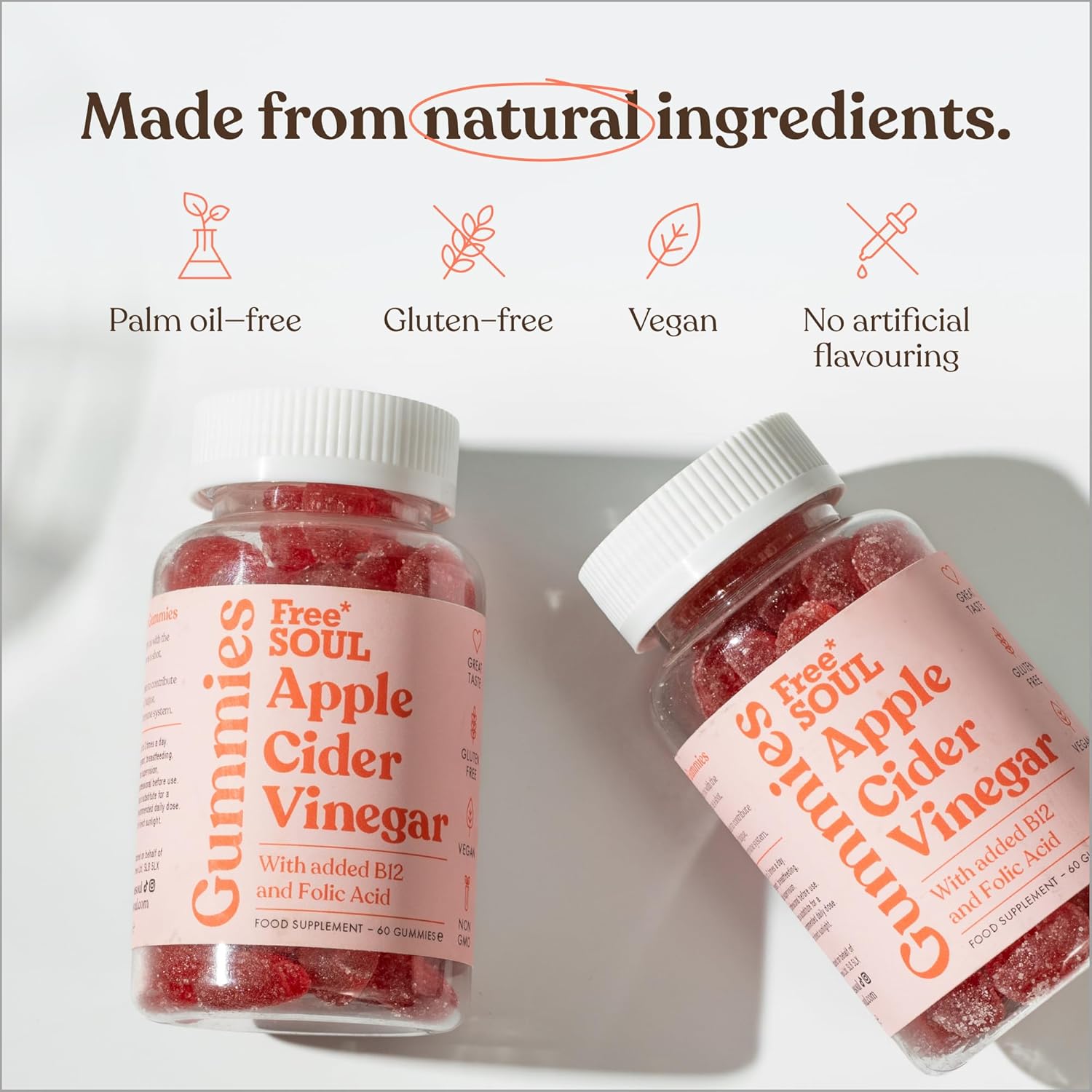 Apple Cider Vinegar Gummies with The Mother 1000mg Enhanced with Vitamin B12 & Folic Acid – 60 High Strength ACV Vegan Capsules with Pomegranate & Beetroot Powder – Natural Ingredients – Free Soul