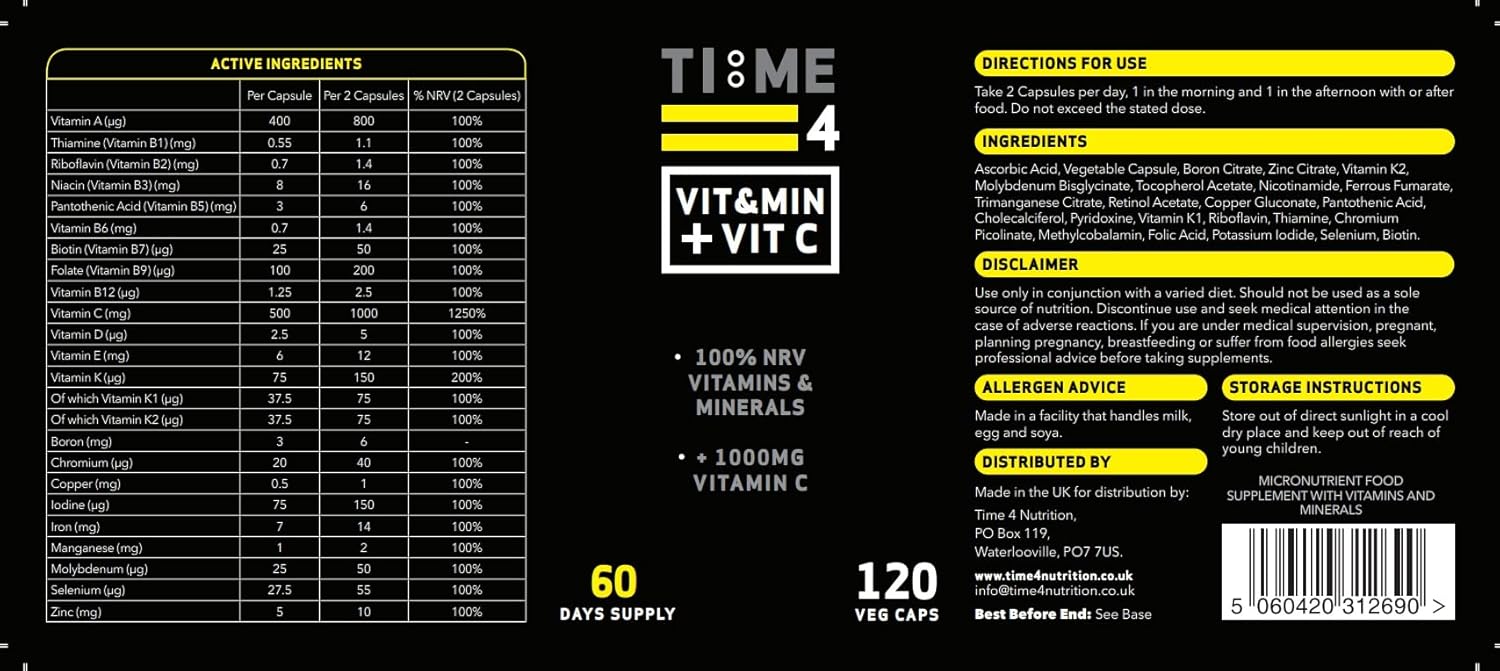 Time 4 MultiVitamin & Mineral + Vitamin C – 100% NRV Vitamins & Minerals + 1000mg Vitamin C, Multivitamin Capsules Not Multivitamin Tablets 120 Capsules, 2 Month Supply, Vitamins & Mineral Supplement