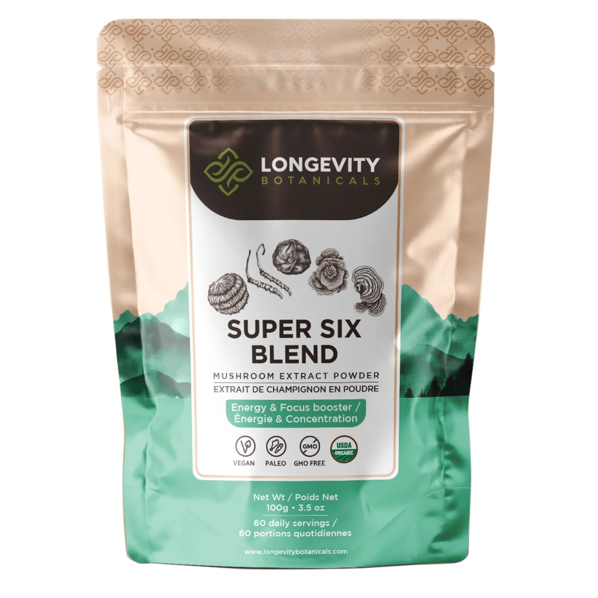 Organic Super 6 Blend Mushroom Supplement Powder Complex (3.5 Oz/100 Grams)