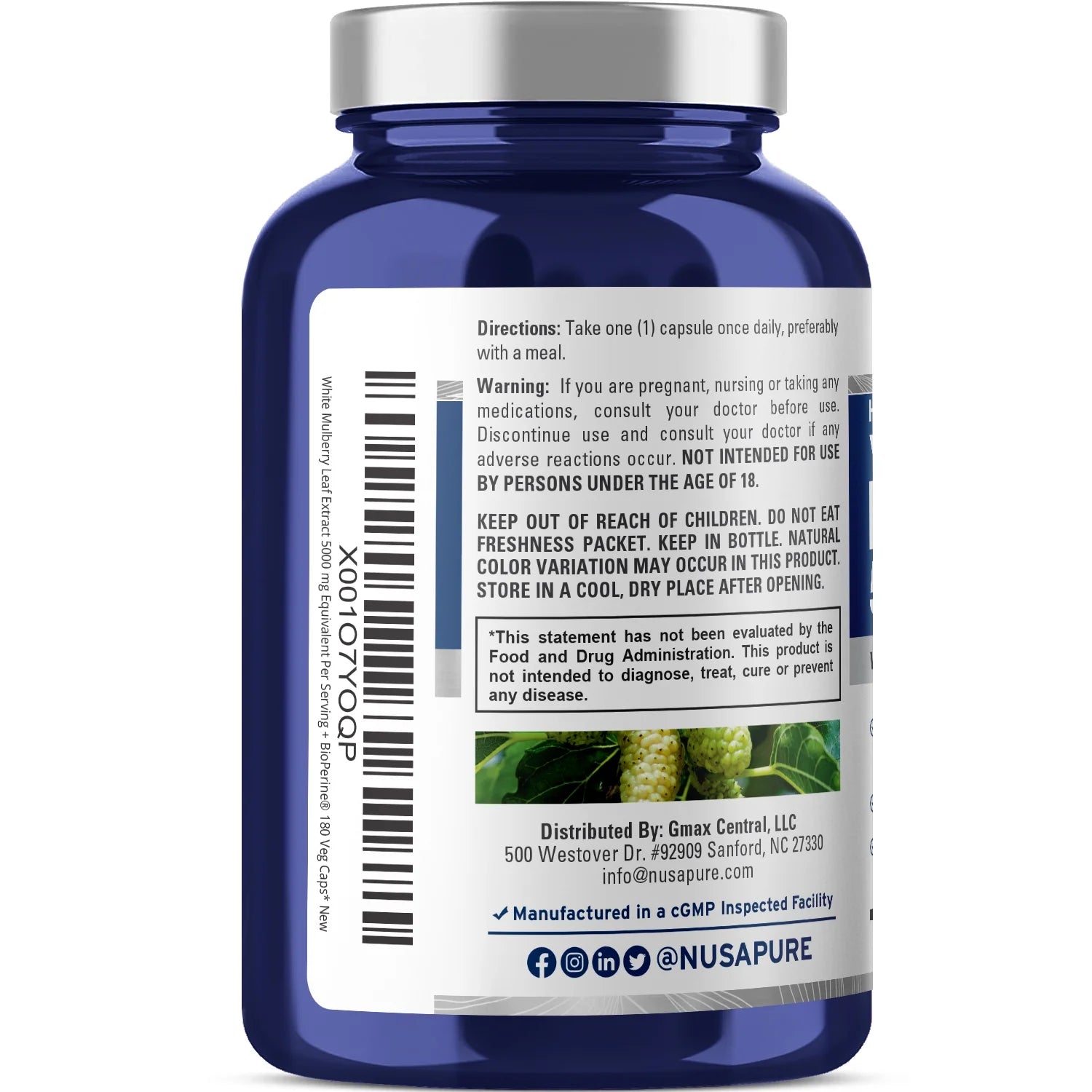 5,000Mg White Mulberry Leaf Extract 180 Veggie Caps with Bioperine, a Vegetarian Dietary Supplement Promoting Adult Wellness, Better Health, and a Unisex Approach