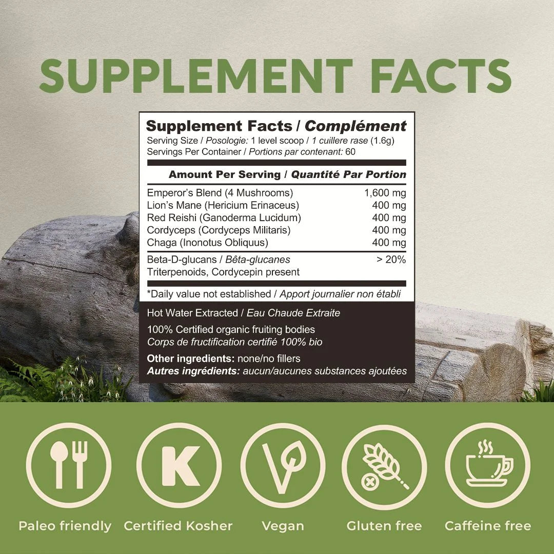 Organic Emperor'S 4 Blend Mushroom Supplement Powder (3.5 Oz/100 Grams). Organic Mushroom Powder Complex