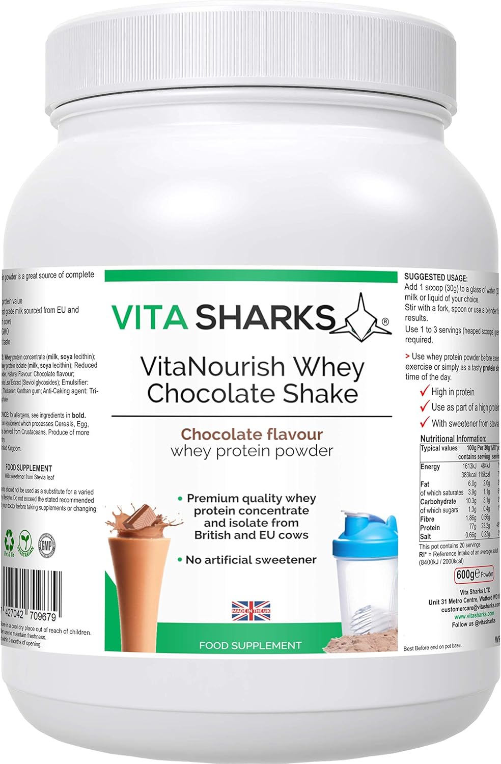 VitaNourish Whey Shake (Chocolate) - High Protein Vegetarian Powder Drink for Increased Muscle Mass, Bone Health, Appetite Control & Immune Boost. Natural NO GMO Formula