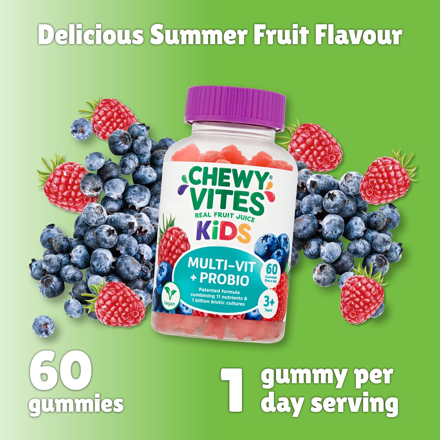 Chewy Vites Kids | Multi-Vit & Probio 60 Gummy Vitamins | 11 Essential Nutrients| 1 Billion Cultures |2 Months Supply | Real Fruit Juice | Vegan | 3 Year+