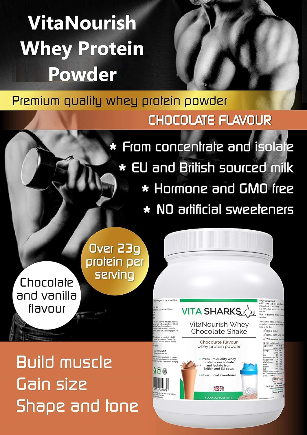 VitaNourish Whey Shake (Chocolate) - High Protein Vegetarian Powder Drink for Increased Muscle Mass, Bone Health, Appetite Control & Immune Boost. Natural NO GMO Formula