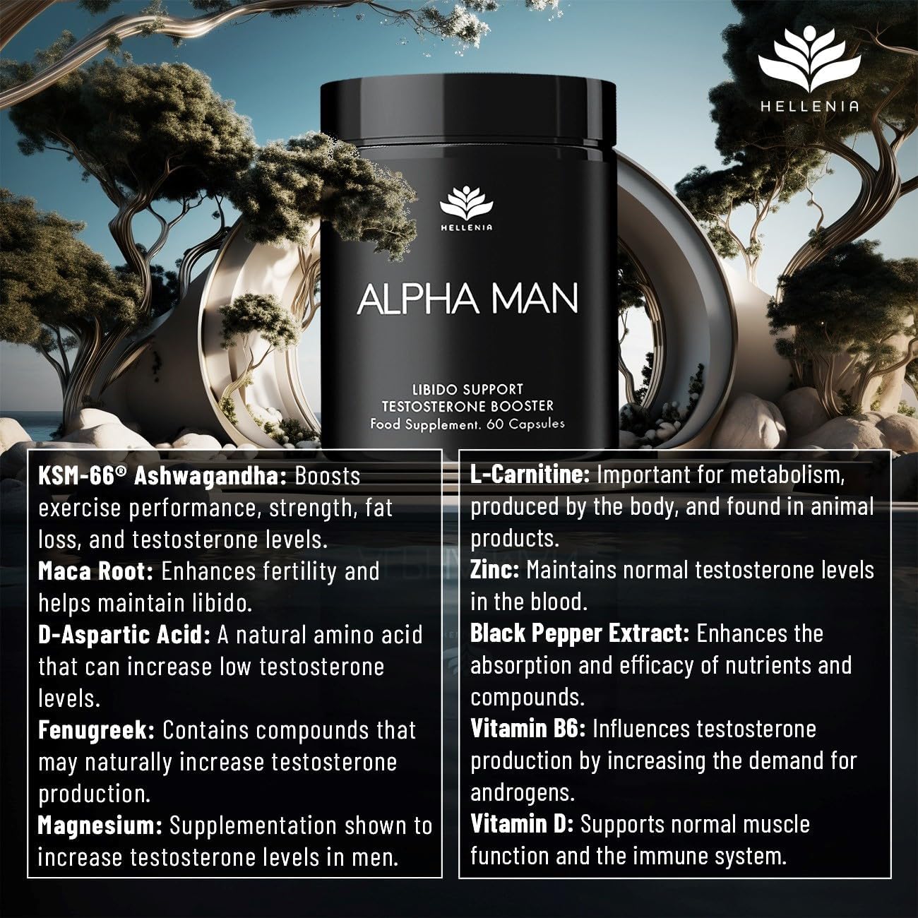 Hellenia Alpha Man - 60 Capsules - Libido Support | Testosterone Booster | UK Manufactured