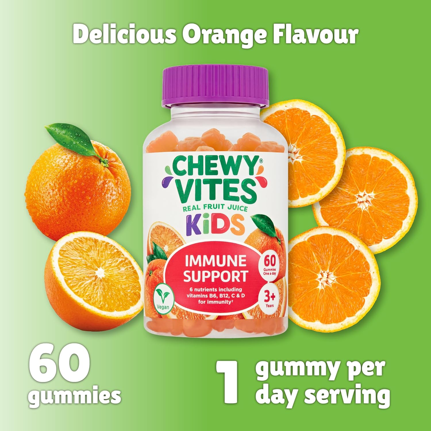 Chewy Vites Kids | Immune Support 60 Gummy Vitamins | High Strength Vitamin D | Vitamin C B6 B12 Zinc Selenium | 1-a-Day | 2 Months Supply | Real Fruit Juice | Vegan | 3 Year+