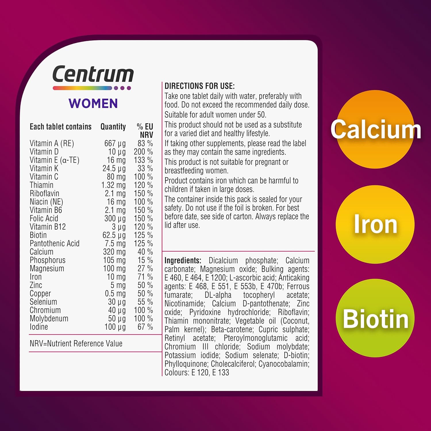 Centrum Women Multivitamin Tablets for Women, 60 Tablets, Vitamins with 23 Essential Nutrients, including Vitamin C, D, and Iron (Packaging and Tablet colour may vary slightly)