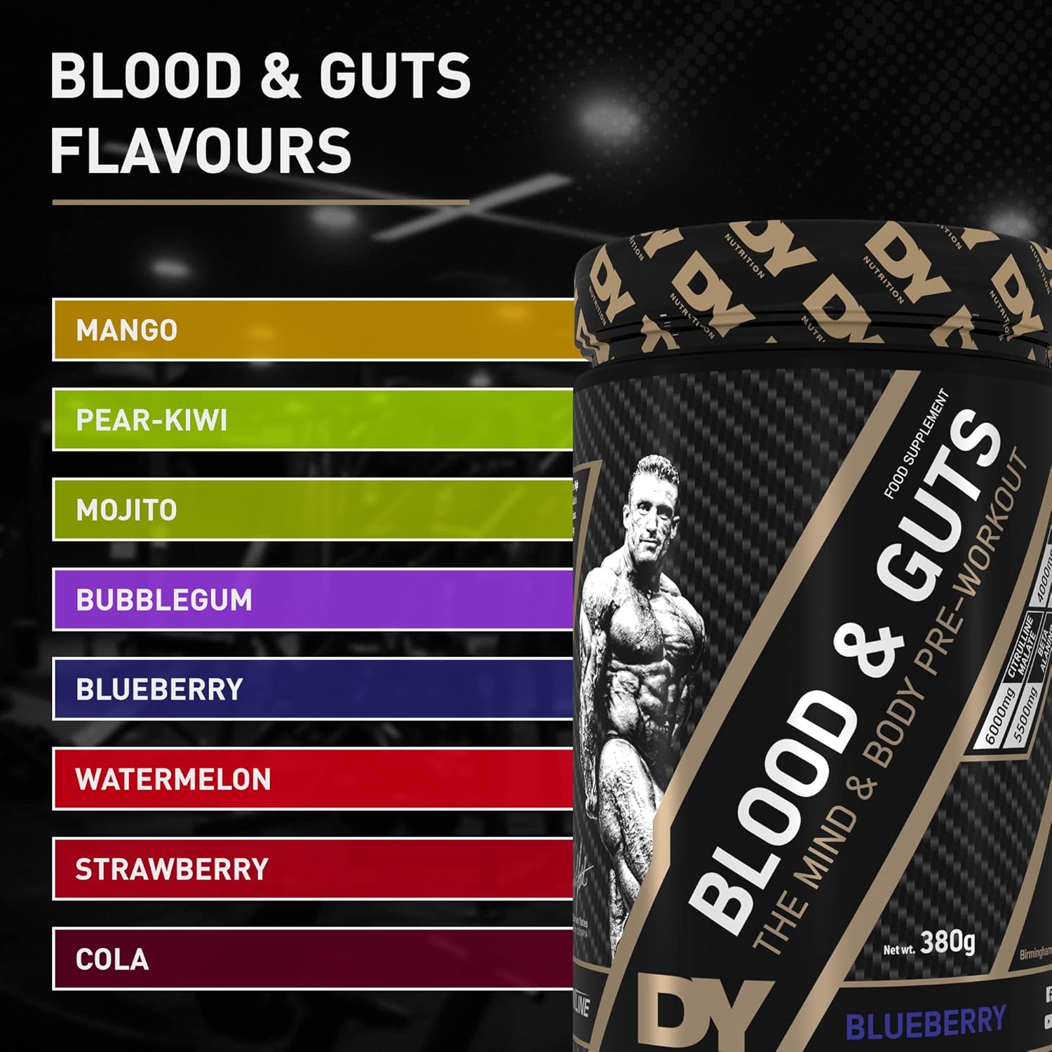 DY Nutrition - Blood and Guts Pre Workout Powder, 380g (Mango) - High Strength Preworkout with 350mg Caffeine, Citrulline Malate, Beta Alanine, Arginine AKG, L-Tyrosine, Vitamin B3 for Men & Women