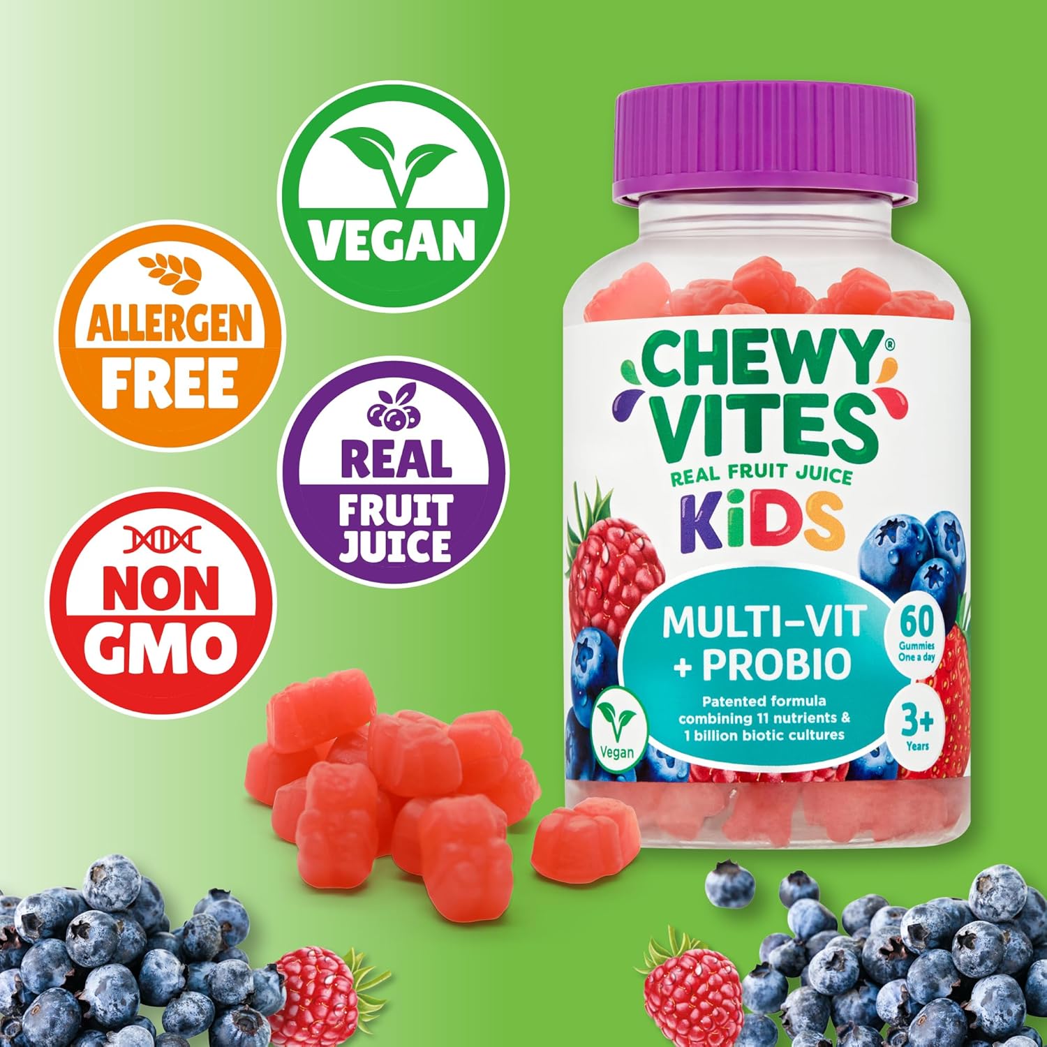 Chewy Vites Kids | Multi-Vit & Probio 60 Gummy Vitamins | 11 Essential Nutrients| 1 Billion Cultures |2 Months Supply | Real Fruit Juice | Vegan | 3 Year+