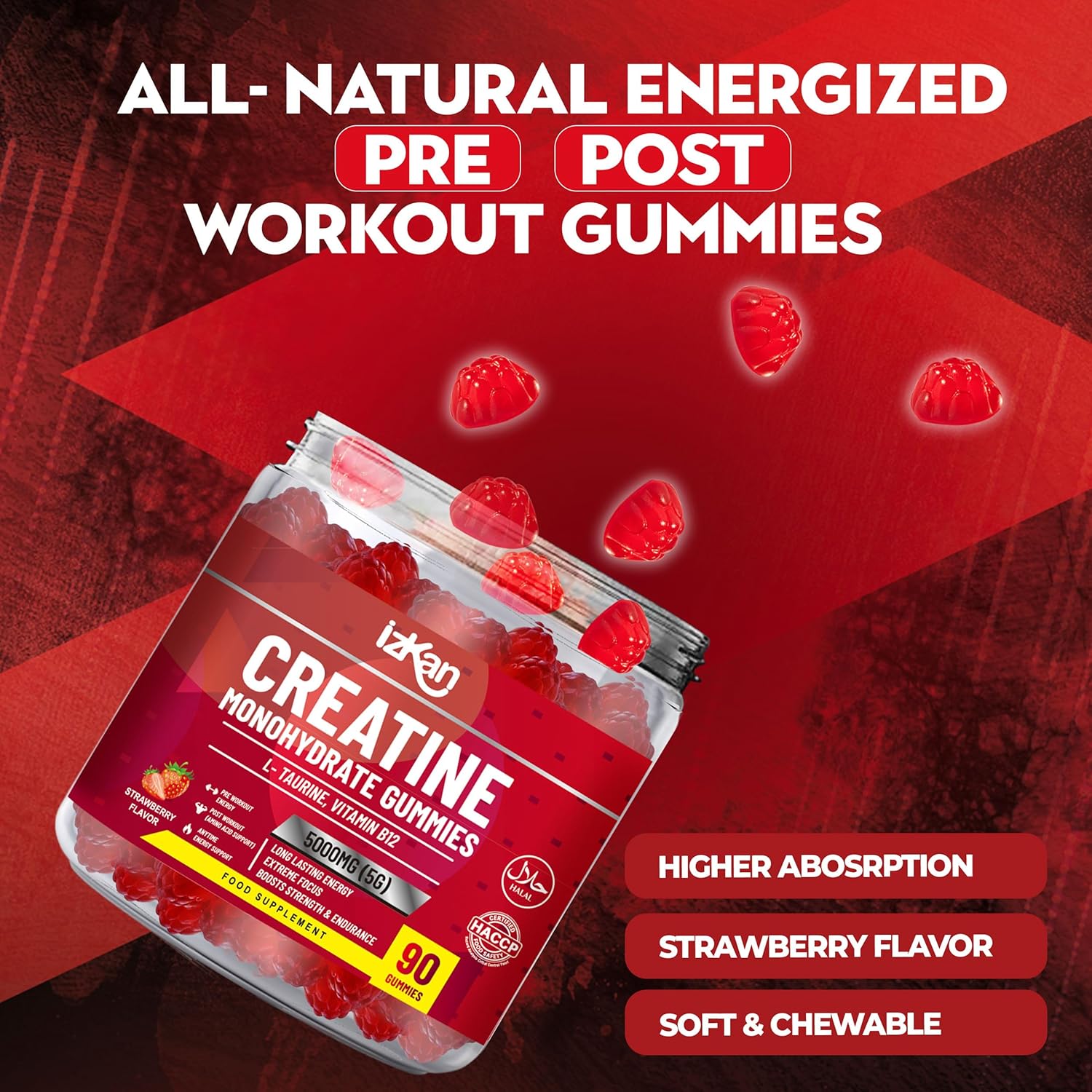 Creatine Gummies 5000mg (5G) for Men & Women - 90 Chewable Creatine Monohydrate Gummies Strawberry Flavoured | Pre Workout Gym Supplement| Muscle Boost| 3 Per Day - Vegan & Halal (2X)