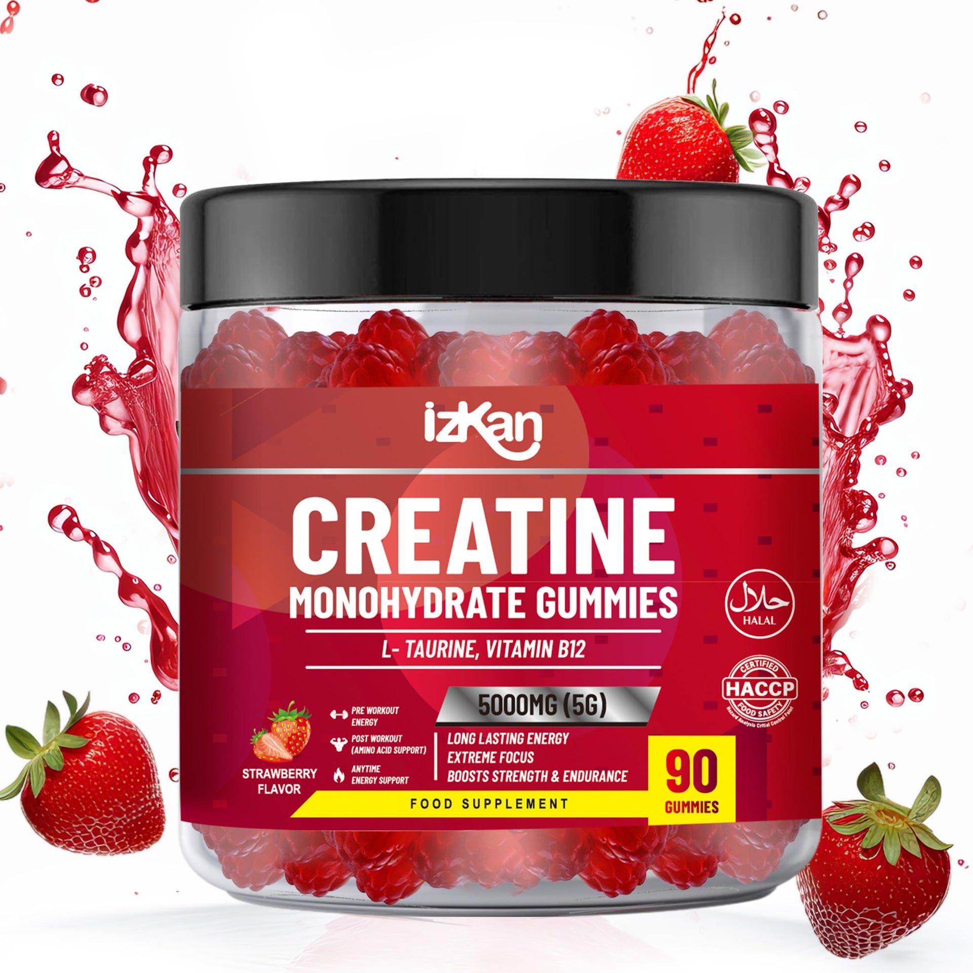 Creatine Gummies 5000mg (5G) for Men & Women - 90 Chewable Creatine Monohydrate Gummies Strawberry Flavoured | Pre Workout Gym Supplement| Muscle Boost| 3 Per Day - Vegan & Halal (2X)