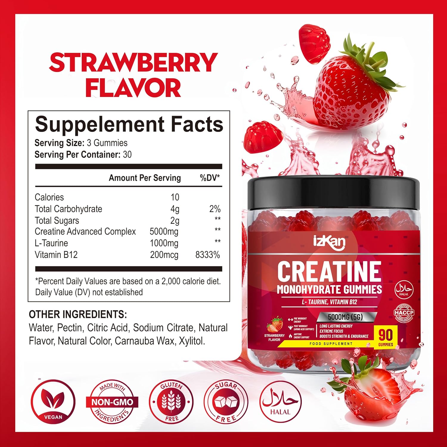 Creatine Gummies 5000mg (5G) for Men & Women - 90 Chewable Creatine Monohydrate Gummies Strawberry Flavoured | Pre Workout Gym Supplement| Muscle Boost| 3 Per Day - Vegan & Halal (2X)